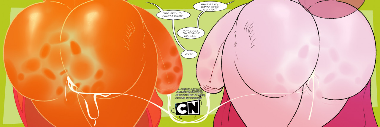 1other, 2022, 20s, 2futas, adventure time, after sex, alternate version available, ambiguous gender, anal juice, ass, ass focus, big ass (futa), bubble ass, bubble butt, cartoon network, ceegee, cum, cum drip, cum in ass, cum string, curvy, dialogue, dress, english text, fat ass, flame princess, futa focus, futa on futa, futanari, genital fluids, genitals, hi res, high resolution, highres, huge ass, huge cock, hung bottom, intersex, large ass, leaking, penis, pink body, pink skin, princess bubblegum, simple background, speech bubble, spent cock, text, thick ass, thick penis, thick thighs, thighs, voluptuous