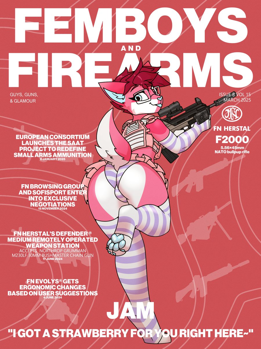 anthro armwear assault_rifle bottomwear bulge bulletproof_vest clothed clothing cover crossdressing digitigrade eyewear felid feline glasses gun hi_res legwear magazine_cover male mammal marcus_gray pattern_armwear pattern_clothing pattern_legwear pattern_stockings ranged_weapon rectangular_glasses rifle skirt solo stockings striped_armwear striped_clothing striped_legwear striped_stockings stripes weapon