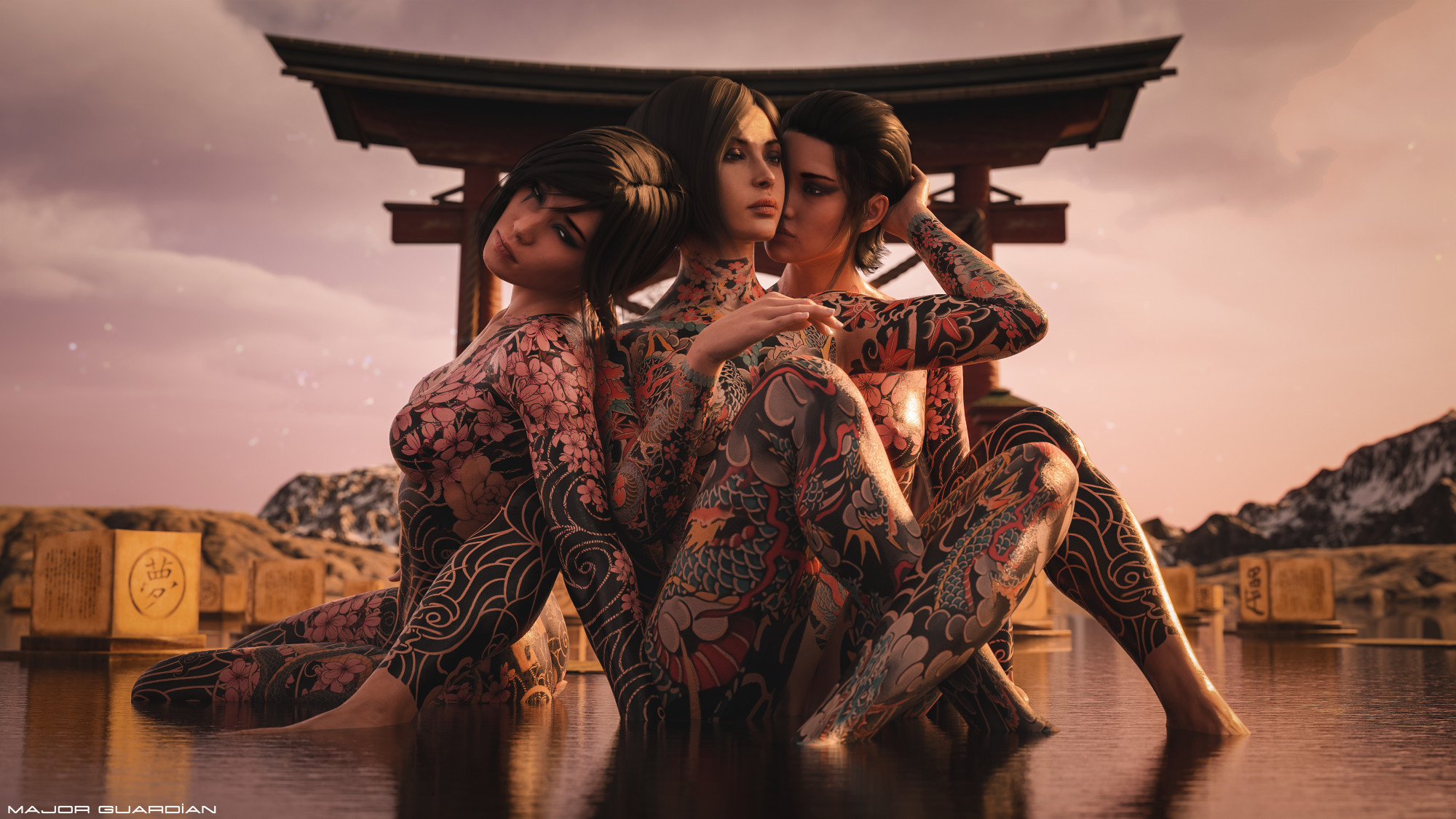 3d, 3d (artwork), 3girls, ada wong, ada wong (adriana), asian, asian female, ass, black hair, breasts, caitlyn connors, casual, completely naked, completely nude, crossover, eastern and western character, faith connors, faith connors (mirror's edge catalyst), female, full body tattoo, human, isabel kruger, major guardian, mirror's edge, mirror's edge catalyst, naked, naked female, nipples, nude, nude female, nudist, pale skin, resident evil, resident evil 2, resident evil 2 remake, resident evil 4, resident evil 4 remake, tattoo, tattoos, tattoos everywhere, yakuza tattoo