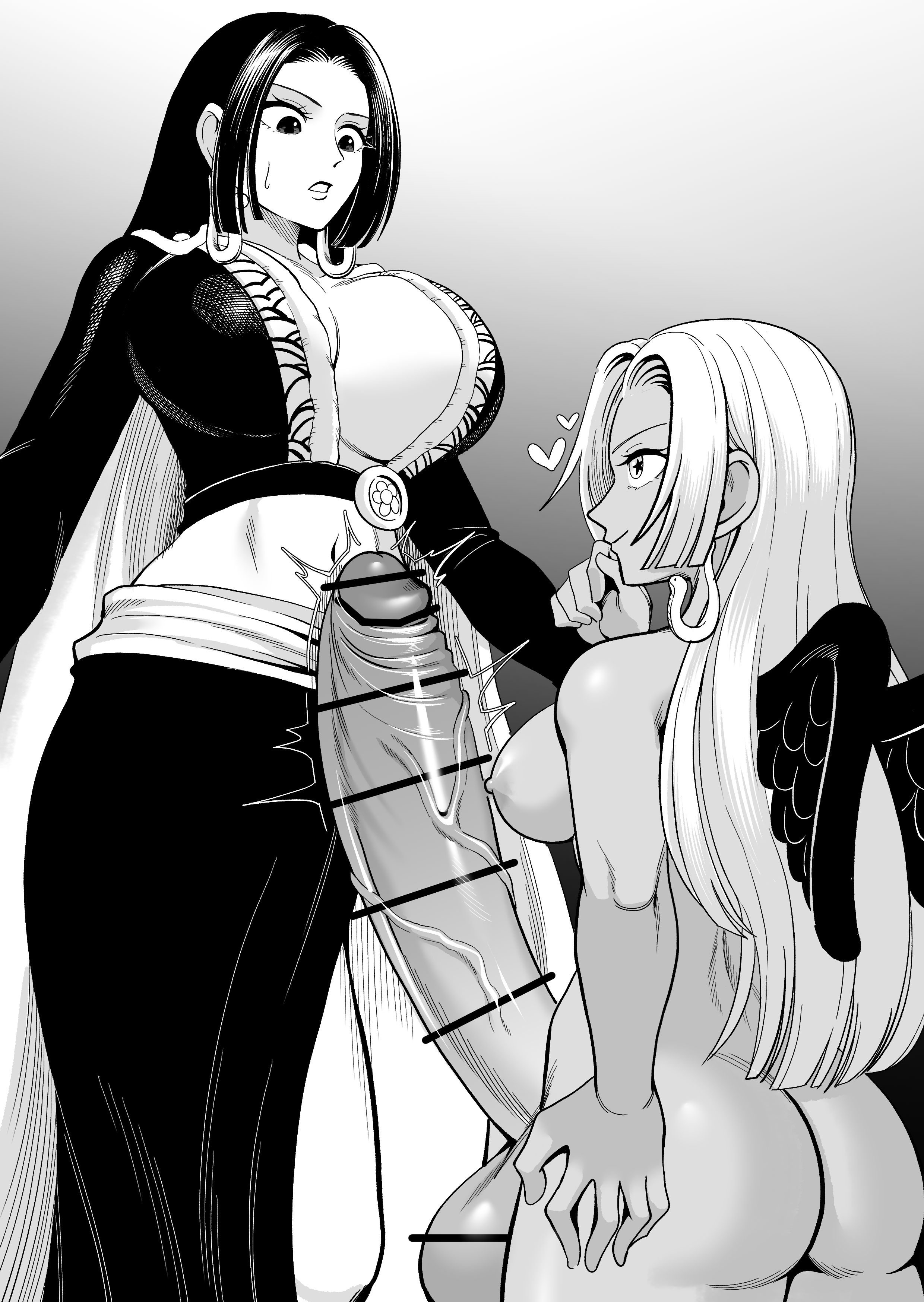 1futa, 1girls, ass, balls, bar censor, big balls, boa hancock, breasts, censor bar, censored, dark skin, dark-skinned female, earrings, erection, female, futa on female, futa/female, futanari, huge breasts, huge cock, hyper, hyper balls, hyper penis, interracial, intersex, long hair, looking at penis, looking at viewer, medium breasts, monochrome, nipples, nude, one piece, penis, piercing, s-snake (one piece), seraphim (one piece), small but hung, small dom big sub, tekkin papa, testicles, veins, veiny, veiny penis, wings