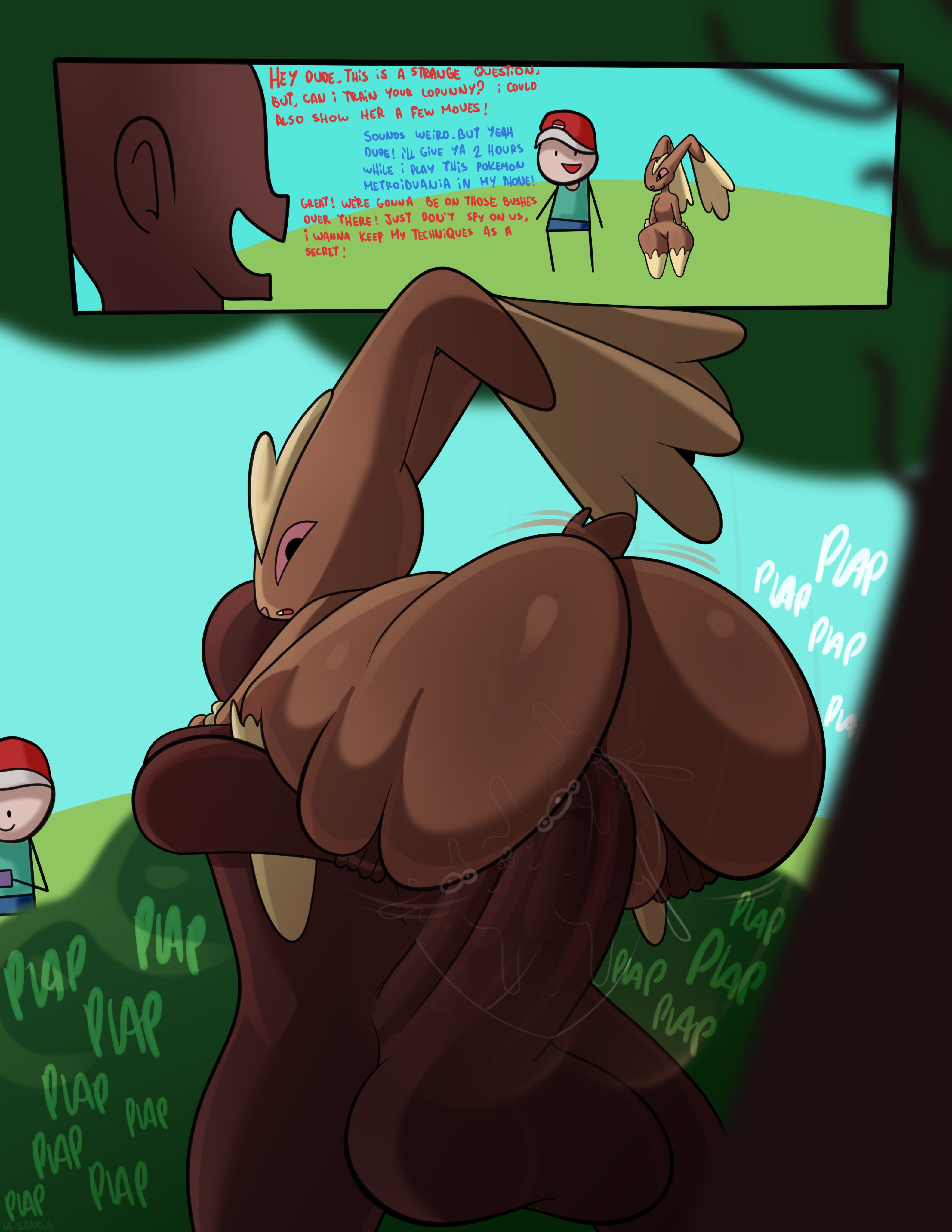 2024, absurd res, ambiguous penetration, anthro, ass, balls, big ass, big balls, big butt, big penis, black eyes, blue bottomwear, blue clothing, blue shorts, blue topwear, bottomwear, brown body, brown ears, brown fur, brown tail, buckteeth, carrying another, clothed, clothing, comic, dark body, dark penis, dark skin, dark-skinned male, dialogue, digital media (artwork), electronics, english text, exclamation point, faceless character, faceless human, faceless male, female, female anthro, female penetrated, fur, generation 4 pokemon, genitals, grass, group, half-closed eyes, hat, headgear, headwear, hi res, holding another, holding object, holding phone, huge cock, human, human male, interspecies, la sandia, long ears, looking at object, looking at phone, looking pleasured, lopunny, male, male penetrating, male penetrating female, male/female, mammal, multicolored body, multicolored ears, multicolored fur, narrowed eyes, nintendo, nude, onomatopoeia, outside, penetration, penis, phone, pink nose, pink sclera, plant, pokeball print, pokemon, pokemon (species), pokemon trainer, pokephilia, question, question mark, red clothing, red hat, red headwear, scut tail, sex, short tail, shorts, shrub, smile, sound effects, stand and carry position, standing, standing sex, stealth sex, stick arms, stick legs, tail, teeth, text, thick thighs, three-quarter view, tongue, topwear, tree, trio, two-tone body, two-tone ears, two-tone fur, two-tone hat, white body, white clothing, white hat, white headwear, white skin