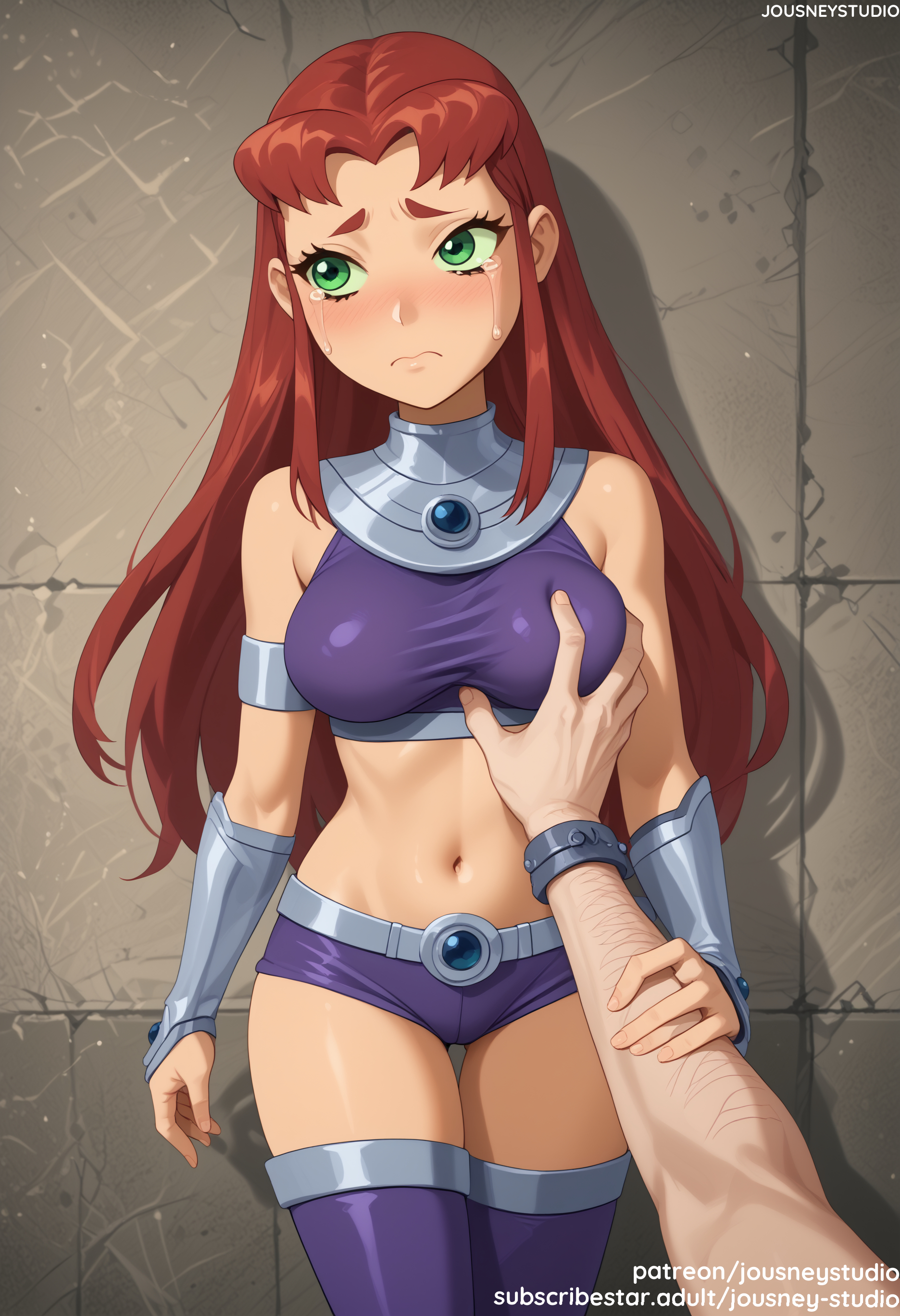 1boy, ai generated, arm hair, armlet, bangs, bare shoulders, belt, blush, boots, breast grab, breasts, cartoon network, cleavage, closed mouth, clothing, crop top, cry, crying, crying with eyes open, eyebrows, female, frown, gloves, grabbing, grabbing another's breast, green eyes, groping, jewelry, jousneystudio, koriand'r, large breasts, legwear, long hair, looking away, looking to the side, male, medium breasts, micro shorts, midriff, navel, older, parted bangs, purple footwear, purple thighhighs, red hair, sad, shiny skin, shirt, short shorts, shorts, sleeveless, sleeveless shirt, solo focus, standing, starfire, starfire (comics), starfire (teen titans), stomach, straight, sweat, tamaranean, tears, teen titans, thigh boots, thigh gap, thighhighs, thighs, vambraces, young adult, young female