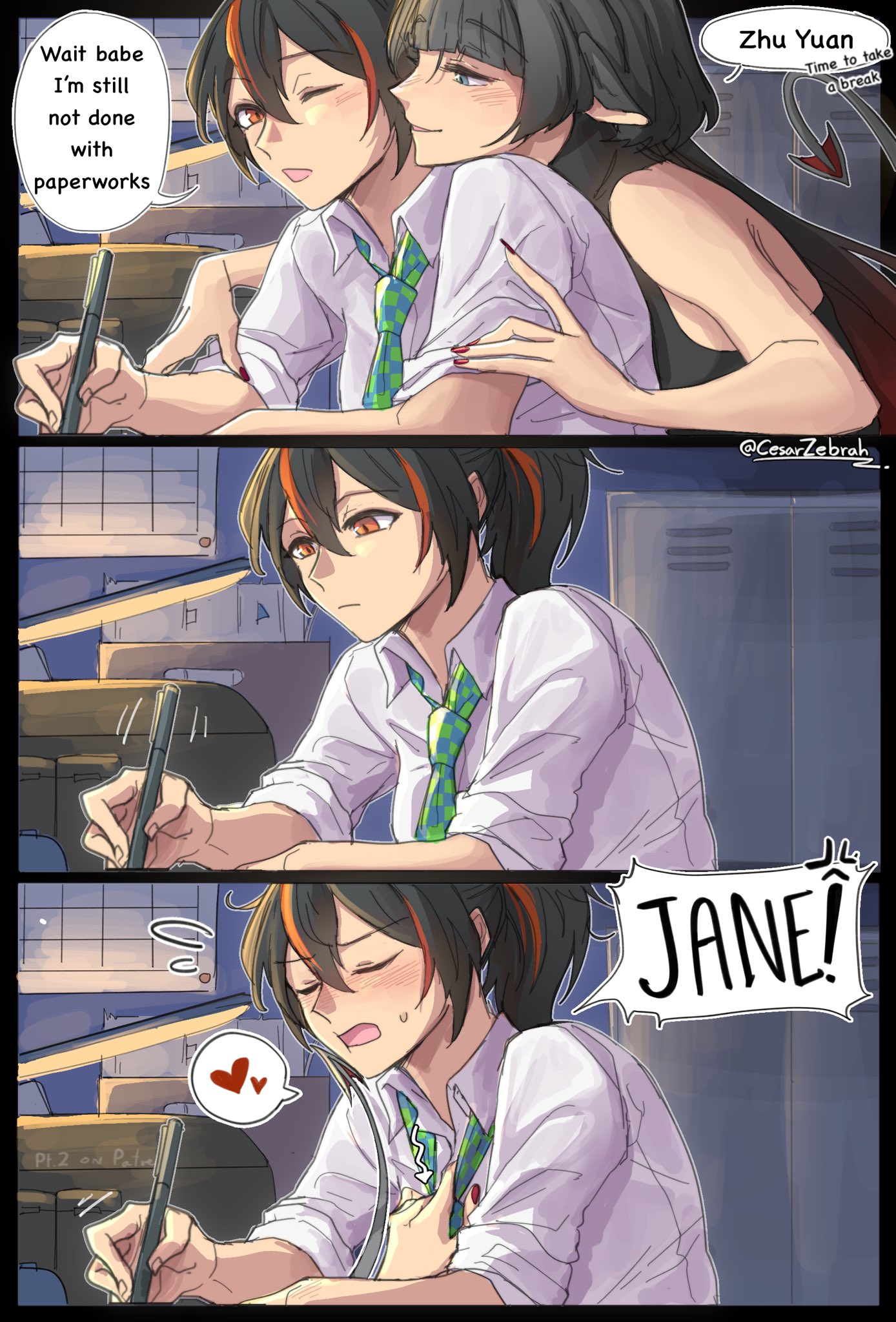 2girls, cesarzebrah, female, female/female, jane doe (zenless zone zero), lesbian sex, light skin, light-skinned female, long hair, long-haired female, mouse ears, mouse girl, multicolored hair, police, police uniform, policewoman, text, text bubble, under the table, yuri, zenless zone zero, zhu yuan