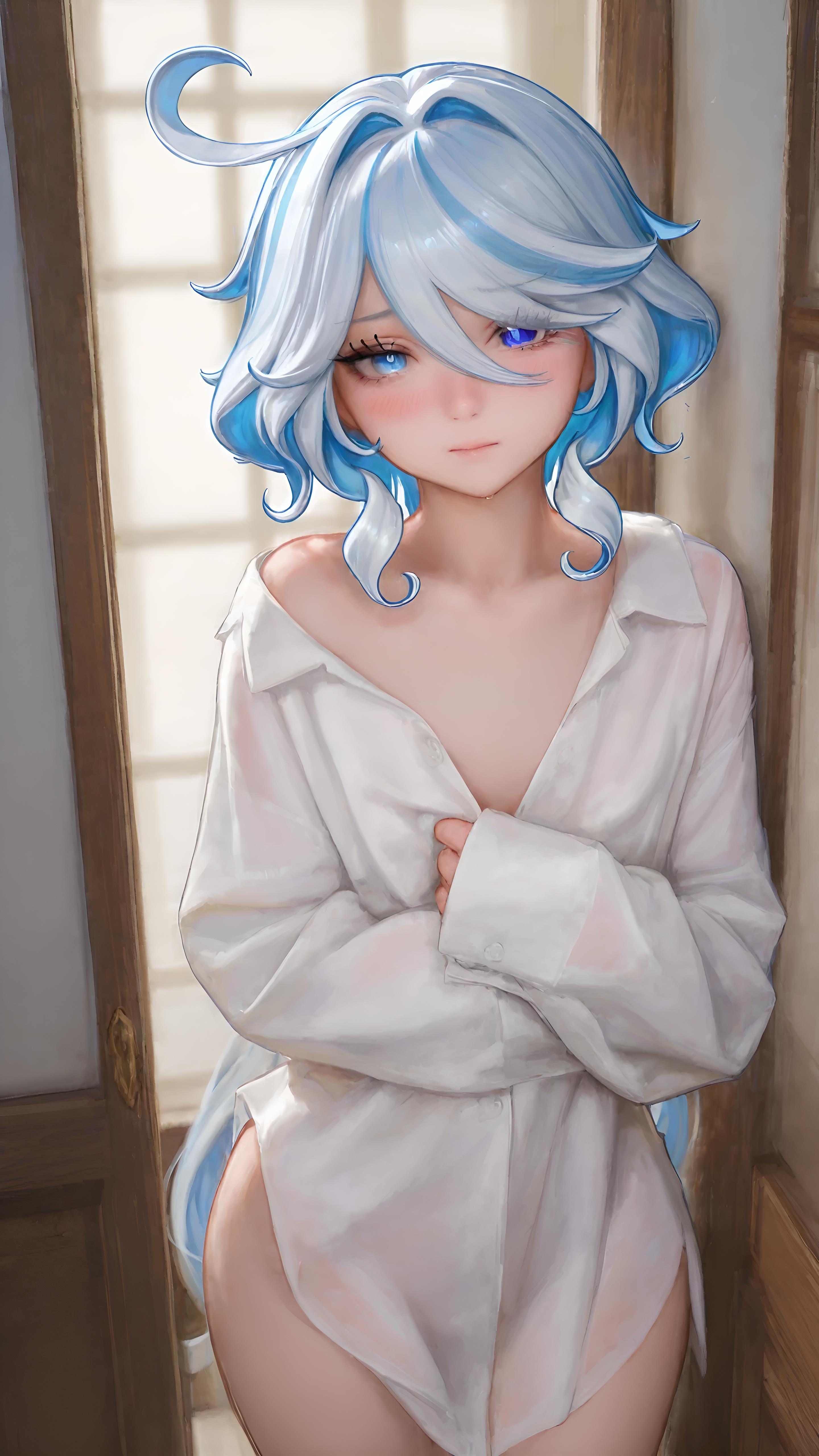 ai generated, blush, bottomless, breasts, female, furina (genshin impact), genshin impact, indoors, looking at viewer, naked shirt, shirt, small breasts, standing, trugprz