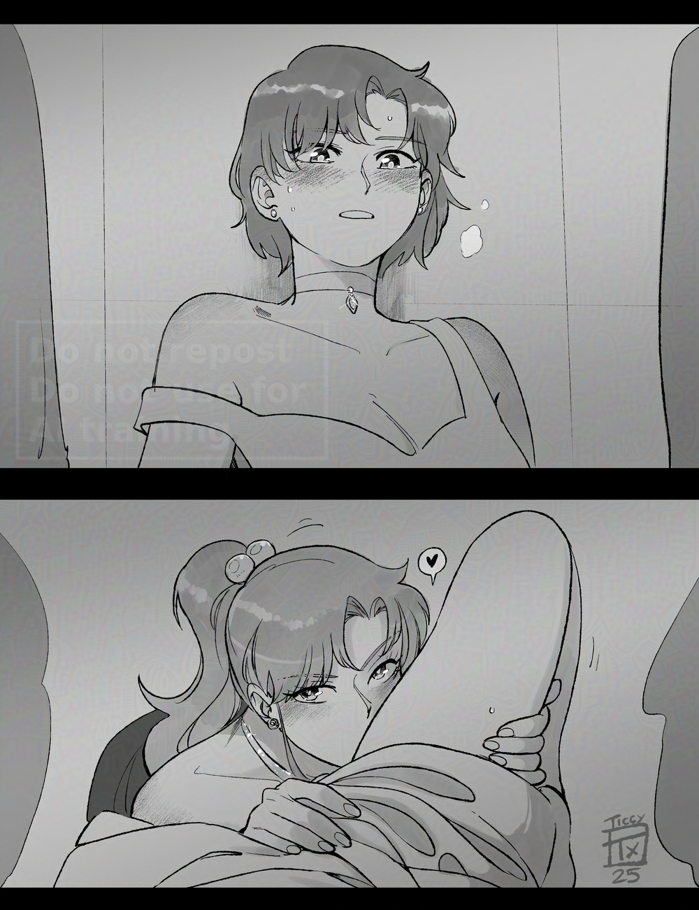 2025, 2girls, ami mizuno, artist logo, bishoujo senshi sailor moon, black and white, blush, choker, cleavage, dress, dress lift, female, female/female, heart, jupimakyu, kissing thigh, lesbian sex, makoto kino, sailor jupiter, sailor mercury, yuri