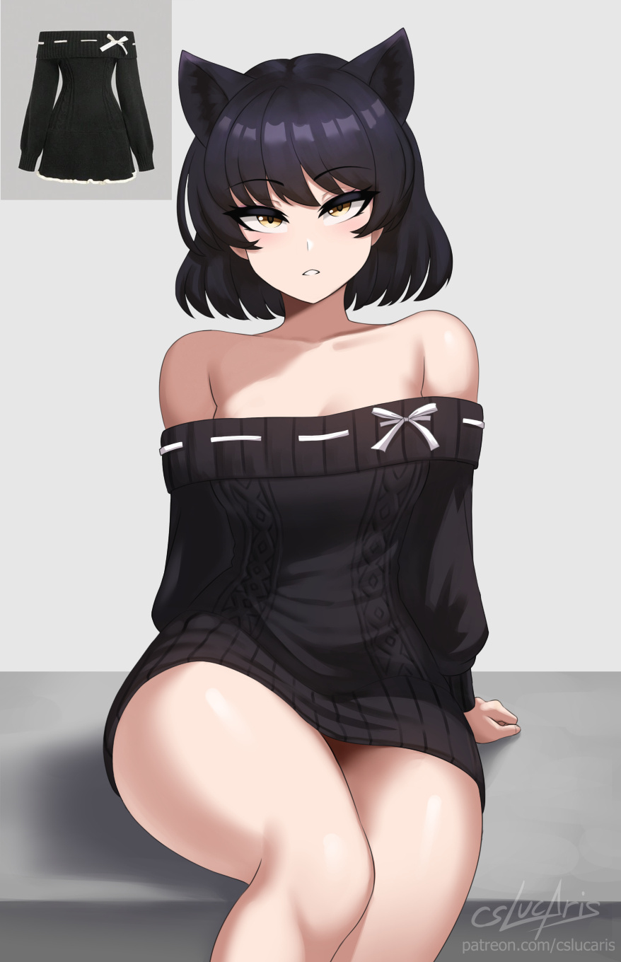 1girls, black hair, black hair female, blake belladonna, cat ears, cslucaris, dress, female, half naked, half naked female, half-dressed, rwby, solo female, sweater, sweater dress