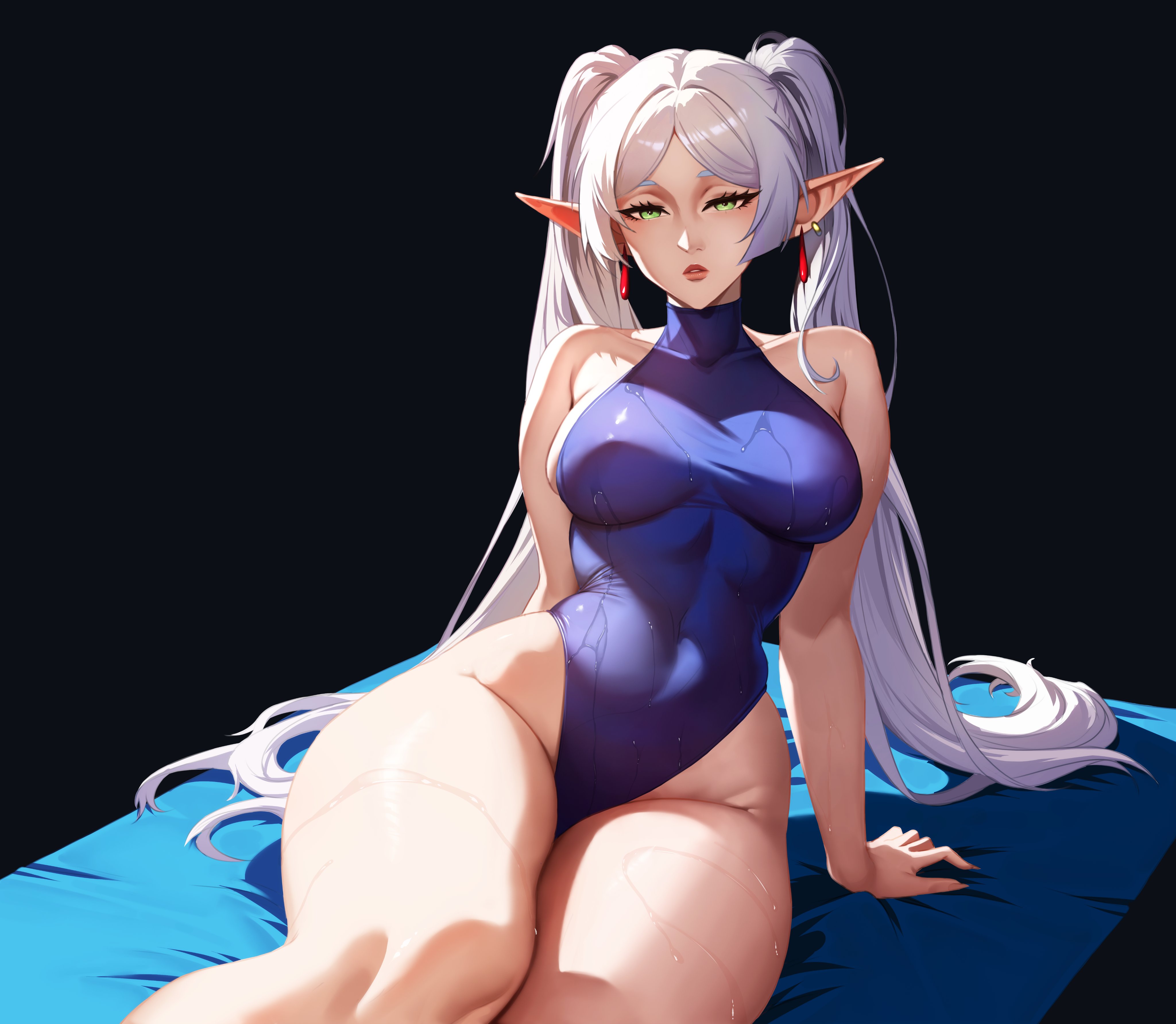 1girls, absurd res, breasts, elf, elf ears, elf female, female, female focus, female only, frieren, hi res, large breasts, light skin, light-skinned female, looking at viewer, one-piece swimsuit, onepen, solo, sousou no frieren, swimsuit, thick thighs, thighs, wide hips