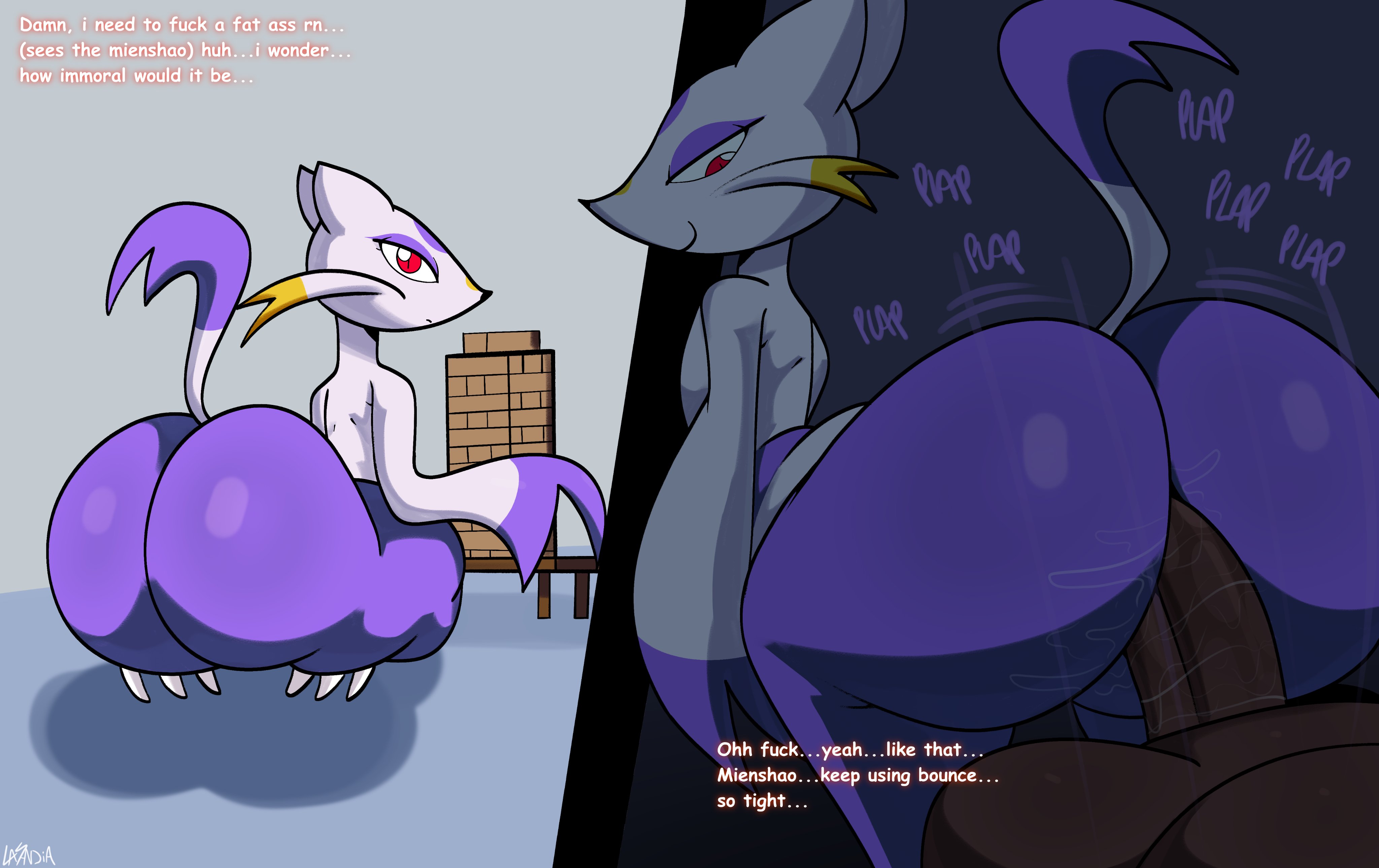 2024, absurd res, ambiguous penetration, anthro, artist name, ass, big ass, big butt, big penis, black nose, claws, dark body, dark penis, dark skin, dark-skinned male, dialogue, digital media (artwork), duo, english text, female, female anthro, female penetrated, fur, furniture, generation 5 pokemon, genitals, hi res, human, human male, inside, interspecies, jenga, kneeling, la sandia, looking back, looking pleasured, male, male penetrating, male penetrating female, male/female, mammal, mienshao, multicolored body, multicolored fur, nintendo, on bottom, on top, onomatopoeia, penetration, penis, pokemon, pokemon (species), pokephilia, purple body, purple ears, purple fur, purple tail, rear view, red eyes, reverse cowgirl position, sex, smile, sound effects, table, tail, text, thick thighs, three-quarter view, toe claws, two-tone body, two-tone fur, two-tone tail, white toe claws