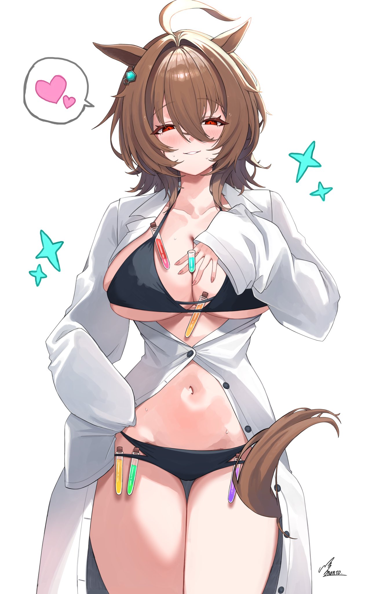 agnes_tachyon_(umamusume) between_breasts black_swimsuit blush heart huge_breasts jitome labcoat object_between_breasts slender_waist small_waist smile sparkles test_tube umamusume vial