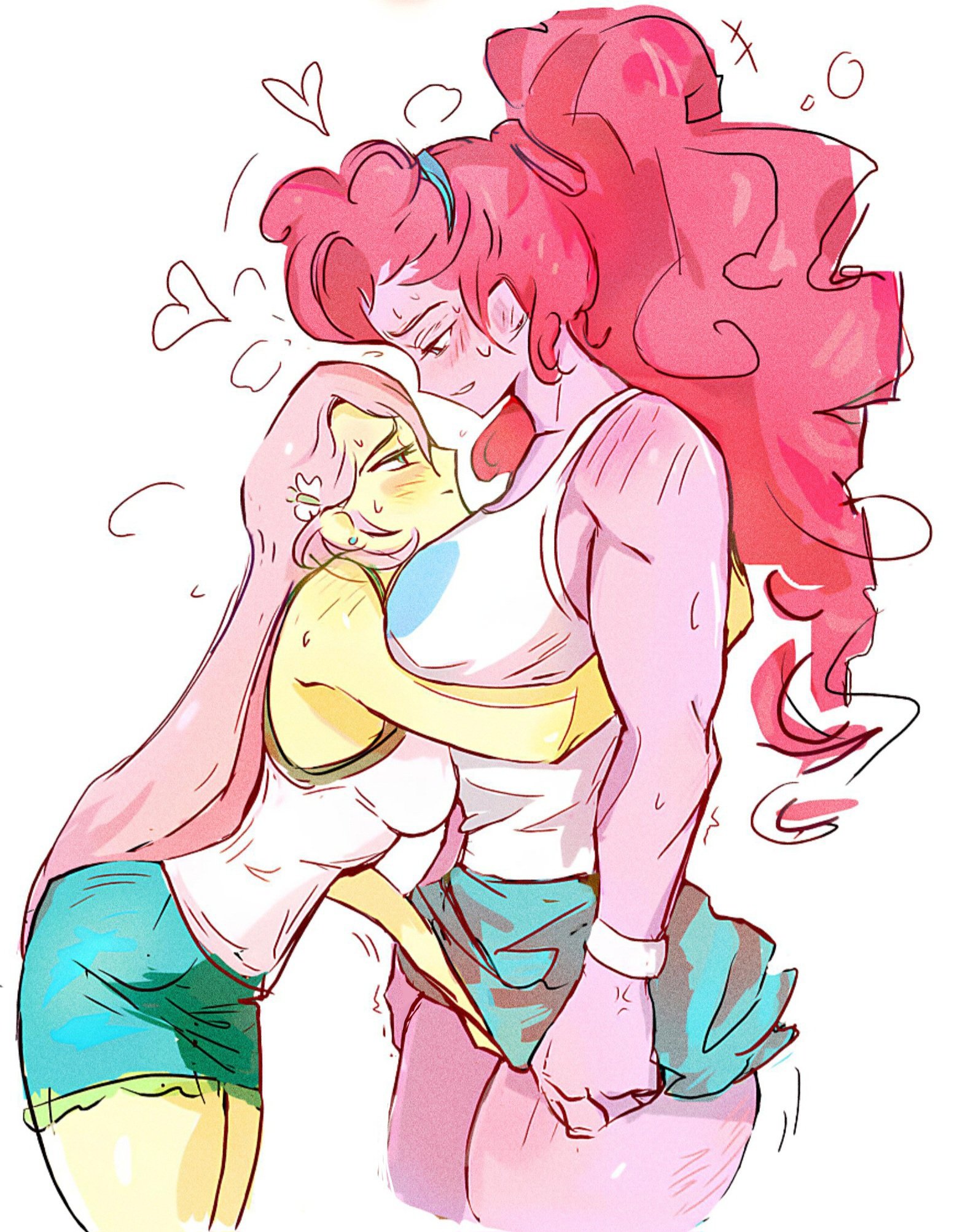 2girls, alternate body type, biceps, big breasts, blush, breasts, equestria girls, female, female only, fingering, fluttershy (mlp), gijinka, implied sex, larger female, long hair, muscular, muscular female, my little pony, my little pony equestria girls, pieshy, pinkie pie (mlp), pussy, shorter female, singlet, size difference, skirt, skirt lift, smaller female, taller female, thick thighs, thighs, vaginal penetration, yuri, zerdasher