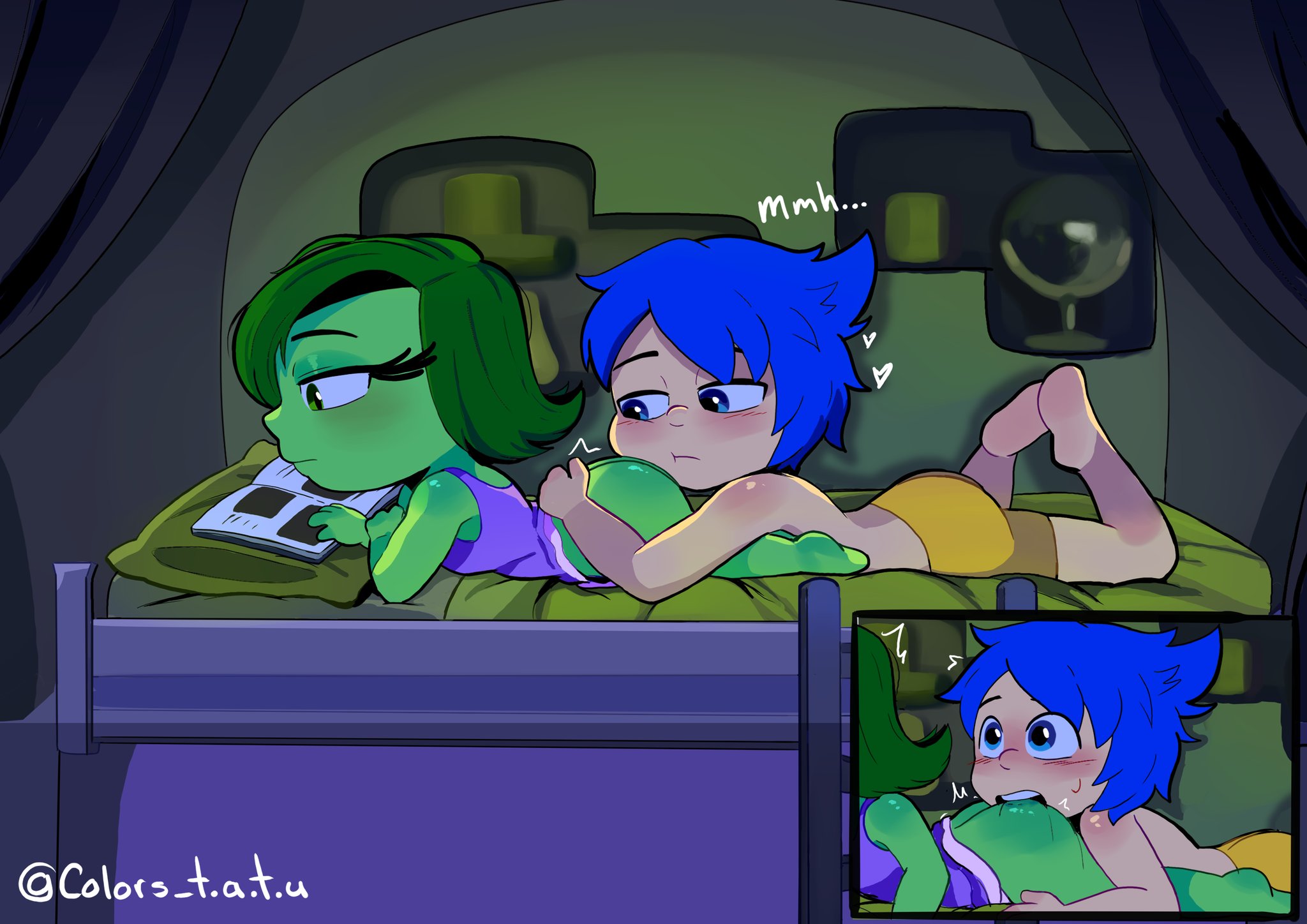 2d, 2d (artwork), ass, bed, biting ass, biting butt, buttocks, colorstatu1, disgust (inside out), disney, female, green ass, green butt, half-dressed, inside out, joy (inside out), pixar, yellow ass, yellow butt, yellow pants, yuri