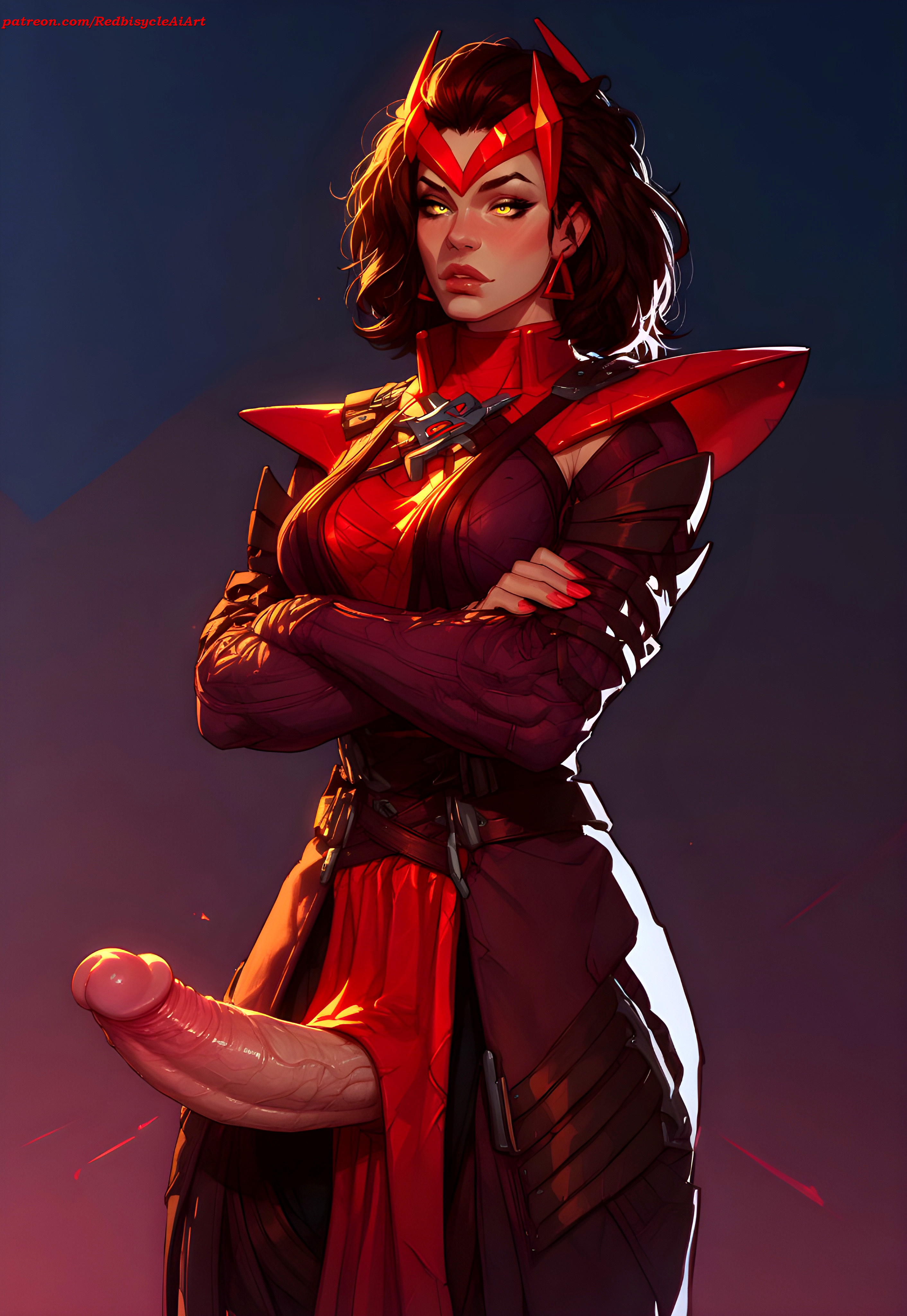 1futa, ai generated, armor, armored, big penis, clothed, clothing, dickgirl, fit, fit futa, futa only, futanari, ginger, ginger hair, hair ornament, hands crossed, headband, headgear, headwear, huge cock, intersex, large penis, looking at viewer, marvel, marvel cinematic universe, marvel comics, marvel rivals, nail polish, painted nails, penis, red hair, redbisycle, scarlet witch, scarlet witch (marvel rivals), shoulder armor, superhero, superhero costume, superheroine, thick penis, thick thighs, veiny penis, yellow eyes