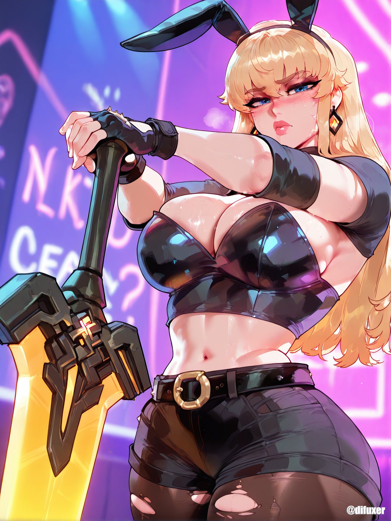 1girls, ai generated, blonde hair, breasts, bunny ears, difuxer, female, female only, large breasts, light skin, light-skinned female, looking at viewer, magik (illyana rasputin), magik (marvel rivals), marvel, marvel comics, marvel rivals, midriff, solo, thick thighs, thighs, wide hips
