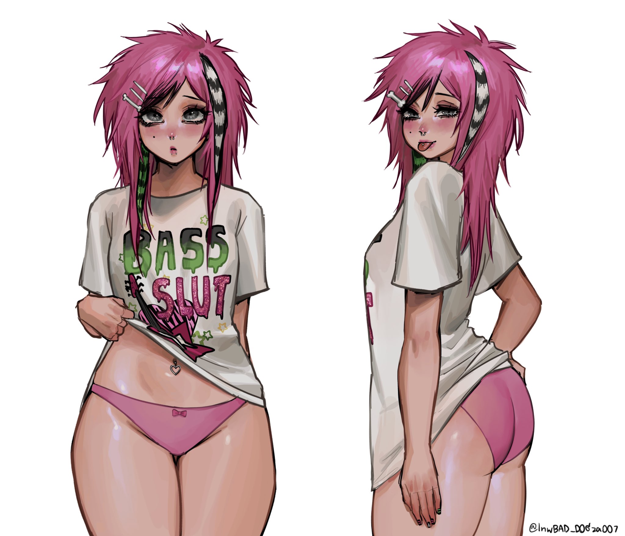 :p, 1girls, ass, bad dogz (lnwbad dogza007), blush, emo, emo fashion, emo girl, emo hair, female, grey eyes, heart piercing, mole, mole under eye, navel piercing, no pants, nose piercing, original, panties, pink hair, pink panties, septum piercing, solo, tongue, tongue out, tongue piercing