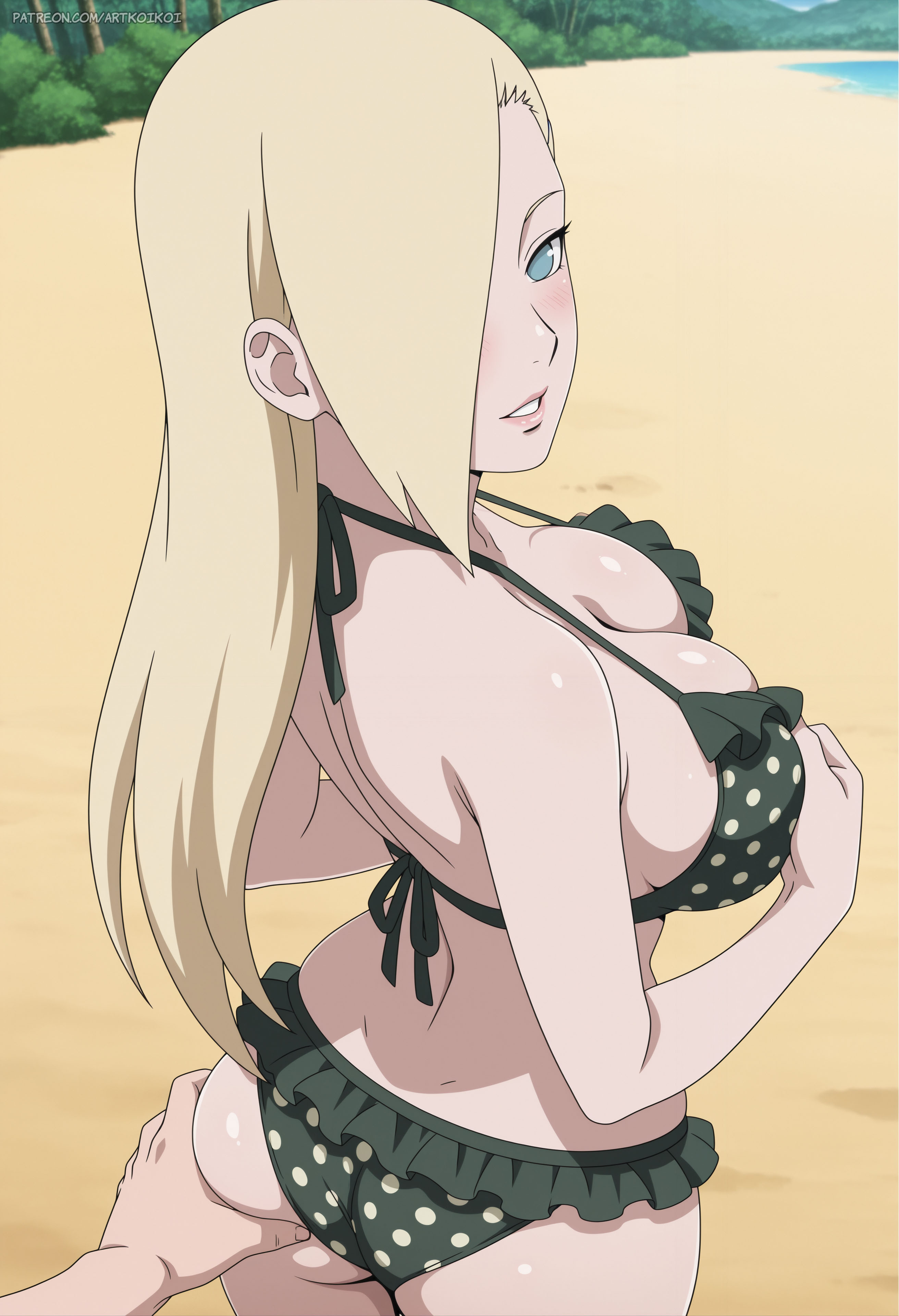 1girls, ai generated, alternate hairstyle, artkoikoi, beach, beach background, bikini, blonde hair, boruto: naruto next generations, female, female only, green eyes, hair down, ino yamanaka, naruto, naruto (series), naruto: the last