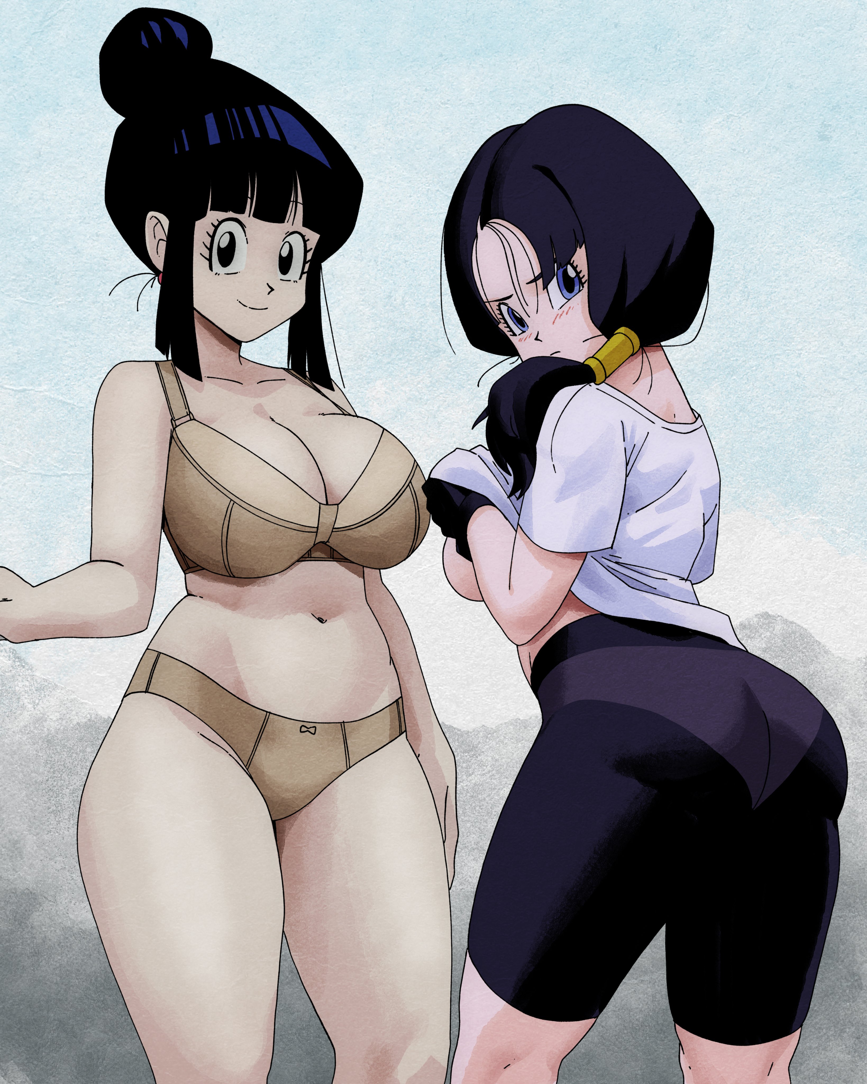 2d, 2girls, angry, ass, bike shorts, black eyes, black gloves, black hair, black shorts, blue eyes, blunt bangs, blush, bra, breasts, brown bra, brown panties, chichi, chichi (beginning of z), cleavage, closed mouth, clothes lift, clothing, coolerinker, cowboy shot, crossed arms, dragon ball, dragon ball z, female, from behind, full color, gloves, hair bun, hair tubes, happy, higher resolution available, inker comics, inkershike, large breasts, lifted by self, long hair, looking at viewer, looking back, mature female, mother-in-law and daughter-in-law, multiple girls, navel, no penetration, no source, panties, ponytail, shirt, shirt lift, shorts, sidelocks, single hair bun, smile, spats, standing, thighs, tied hair, underwear, videl, white shirt