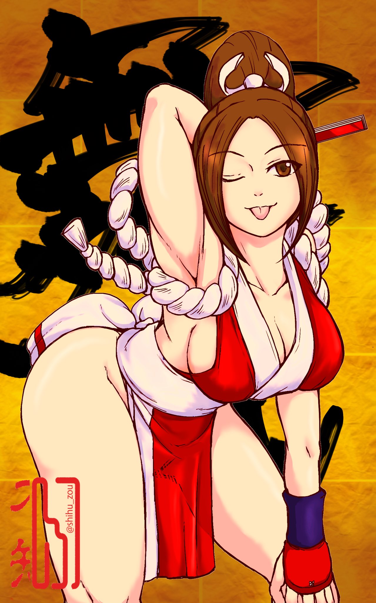 1girls arm_behind_head armpits artist_name big_breasts breasts brown_eyes brown_hair busty cleavage fatal_fury fingerless_gloves gloves hand_on_leg hand_on_own_leg hand_on_own_thigh hand_on_thigh highres king_of_fighters large_breasts leaning_forward long_hair mai_shiranui one_eye_closed ponytail pose posing sensual shihu_zou smile snk solo tongue voluptuous