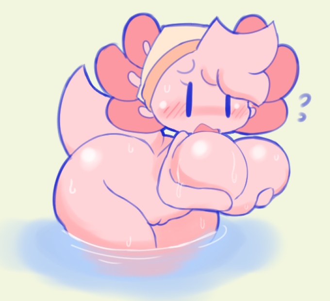 axolotl, breasts, embarrassed, female, female focus, female only, huge breasts, nude, nude female, pussy, sleepysous, wet