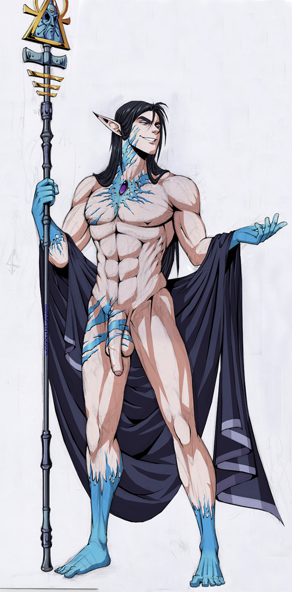 1boy abs aeldari black_hair cloak commentary completely_nude eldar english_commentary flaccid full_body gem highres holding holding_staff large_penis lewdanon long_hair male_focus muscular muscular_male naked_cloak nude pectorals penis pointy_ears smile solo staff staff_of_ulthamar warhammer_(franchise) warhammer_40k