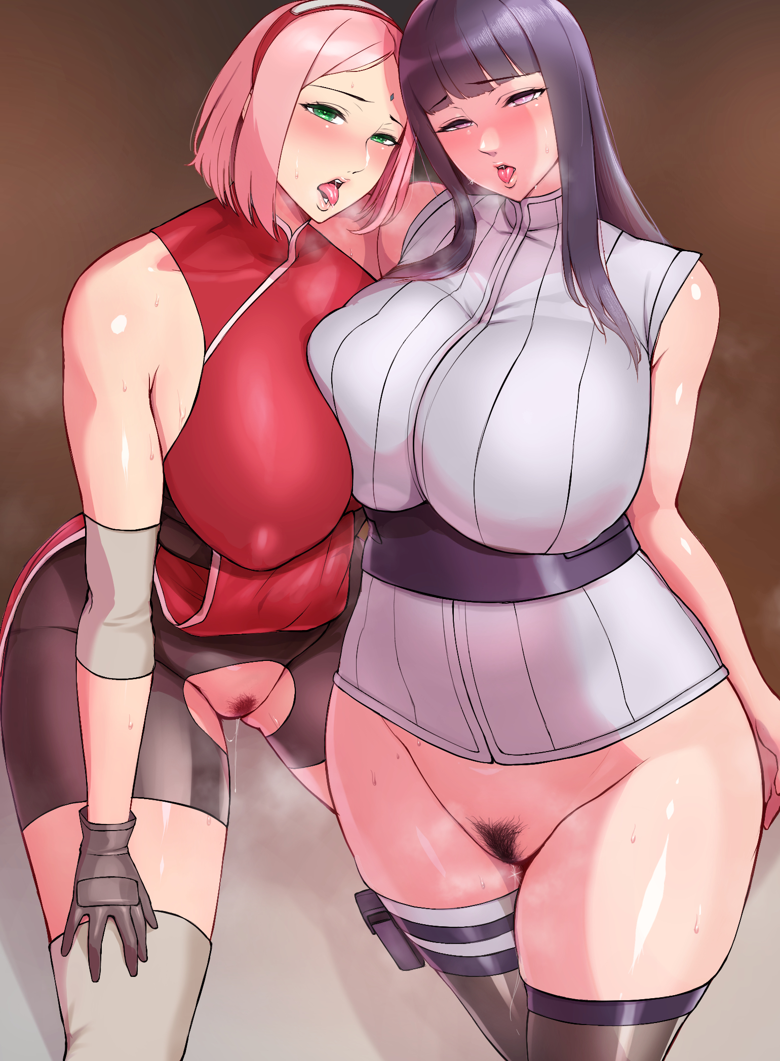 2d, 2girls, alternate breast size, bike shorts, black hair, blush, bottomless, breasts, covered erect nipples, female, female only, green eyes, haruno sakura, highres, huge breasts, hyuuga hinata, hyuuga hinata (naruto: the last), light skin, light-skinned female, long hair, looking at viewer, multiple females, multiple girls, naruto, naruto (series), naruto: the last, no panties, pale skin, pale-skinned female, partially clothed, pink hair, potatopanicking, pubic cutout, pubic hair, purple eyes, pussy, pussy juice, sakura haruno, short hair, shounen jump, skin tight, tongue, tongue out, voluptuous