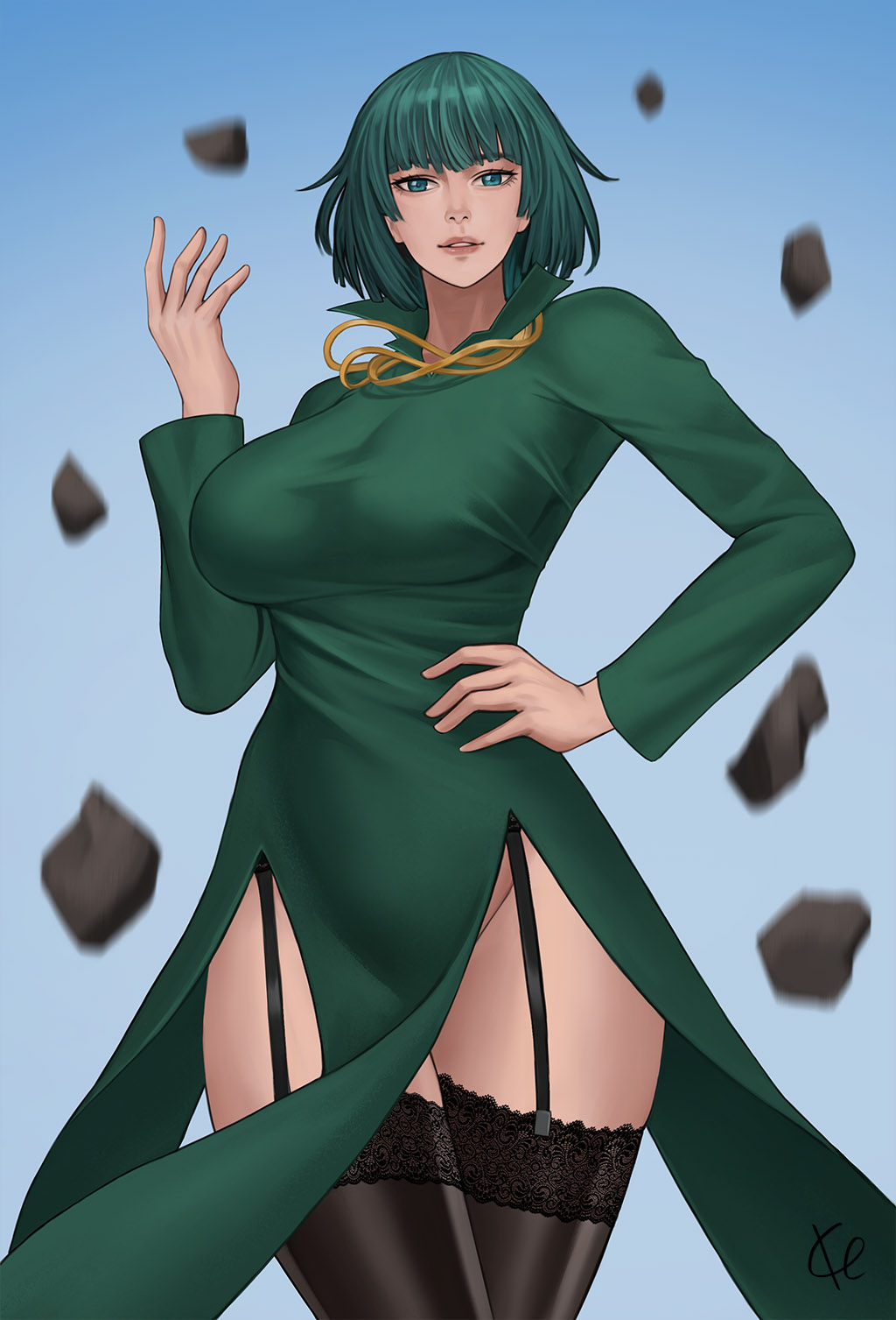 1girls big_breasts breasts busty clothed clothing curvy dark_green_hair degalinx dress female front_view fubuki_(one-punch_man) green_eyes green_hair highres hips hourglass_figure large_breasts lingerie lips lipstick medium_hair necklace one-punch_man pose posing short_hair smile thick_thighs thighhighs thighs voluptuous wide_hips