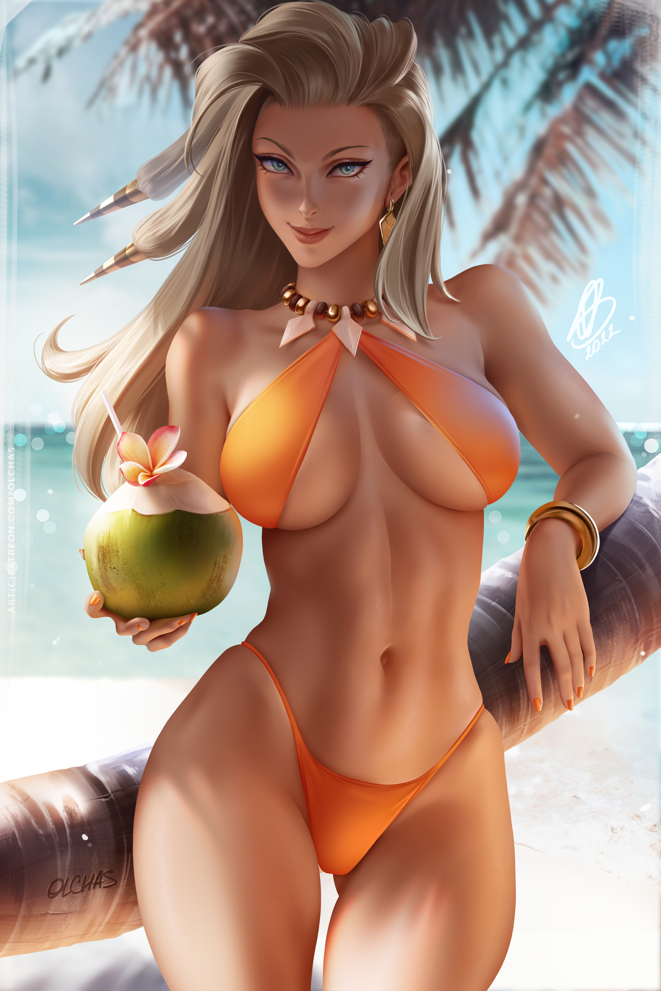 absurd res, asymmetrical hair, beach, bikini, blue eyes, breasts, cleavage, drink, female, female only, hips, holding object, large breasts, long hair, looking at viewer, naughty face, nintendo, olchas, orange bikini, outdoors, outside, pokemon, pokemon professor, pokemon sv, professor sada (pokemon), slim waist, smile, suggestive look, summer, thick thighs, thighs, thong, thong bikini, underboob, wide hips