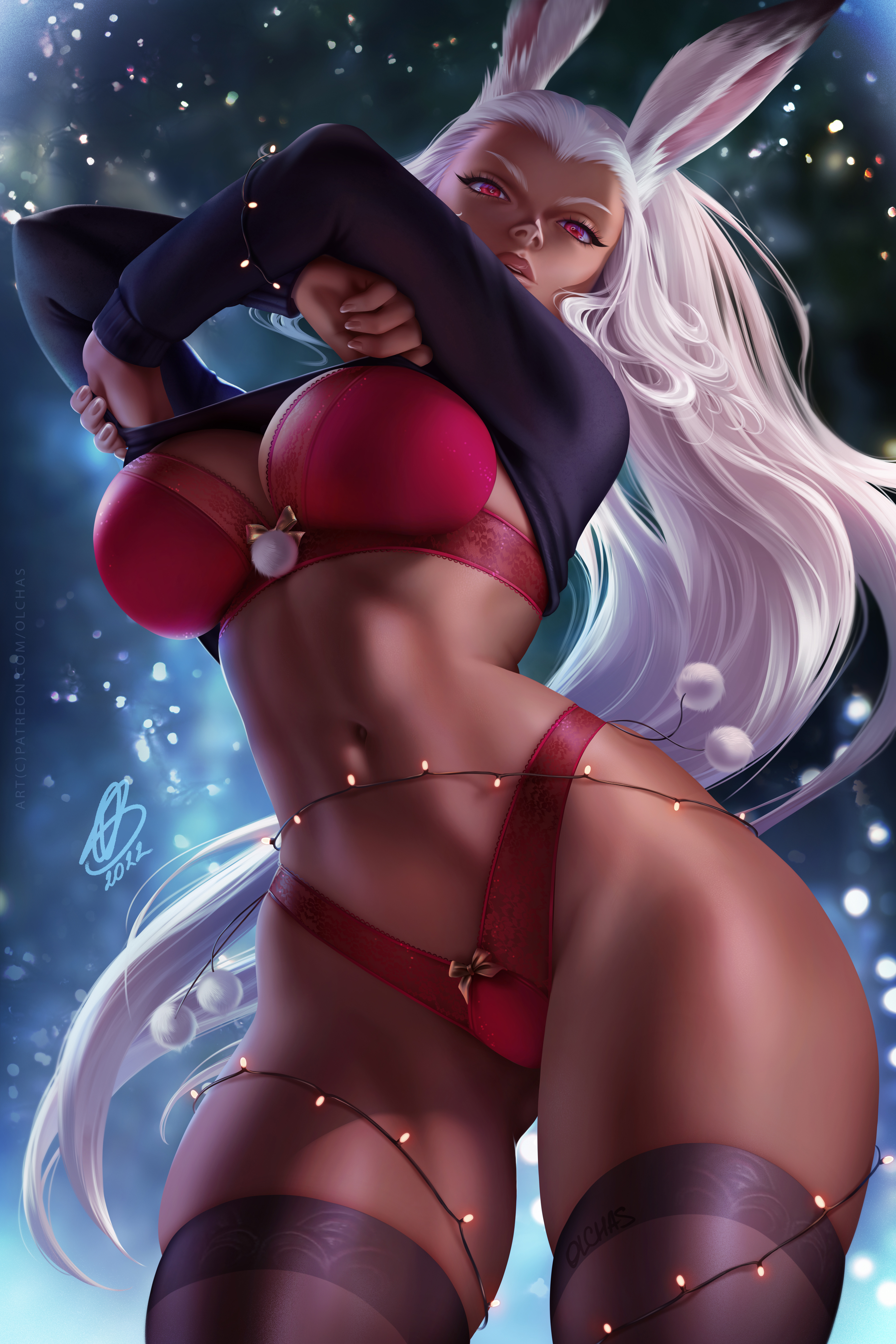1girls, 2d, absurd res, breasts, bunny ears, bunny girl, christmas lights, christmas lingerie, cleavage, dark skin, dark-skinned female, female, female only, final fantasy, final fantasy xii, fit, fit female, fran (ffxii), hips, large breasts, lingerie, long hair, looking at viewer, looking down, olchas, panties, red eyes, red lingerie, seductive, shirt lift, skindentation, slim waist, smile, solo, solo female, stockings, suggestive look, thick thighs, thighs, viera, white hair, wide hips