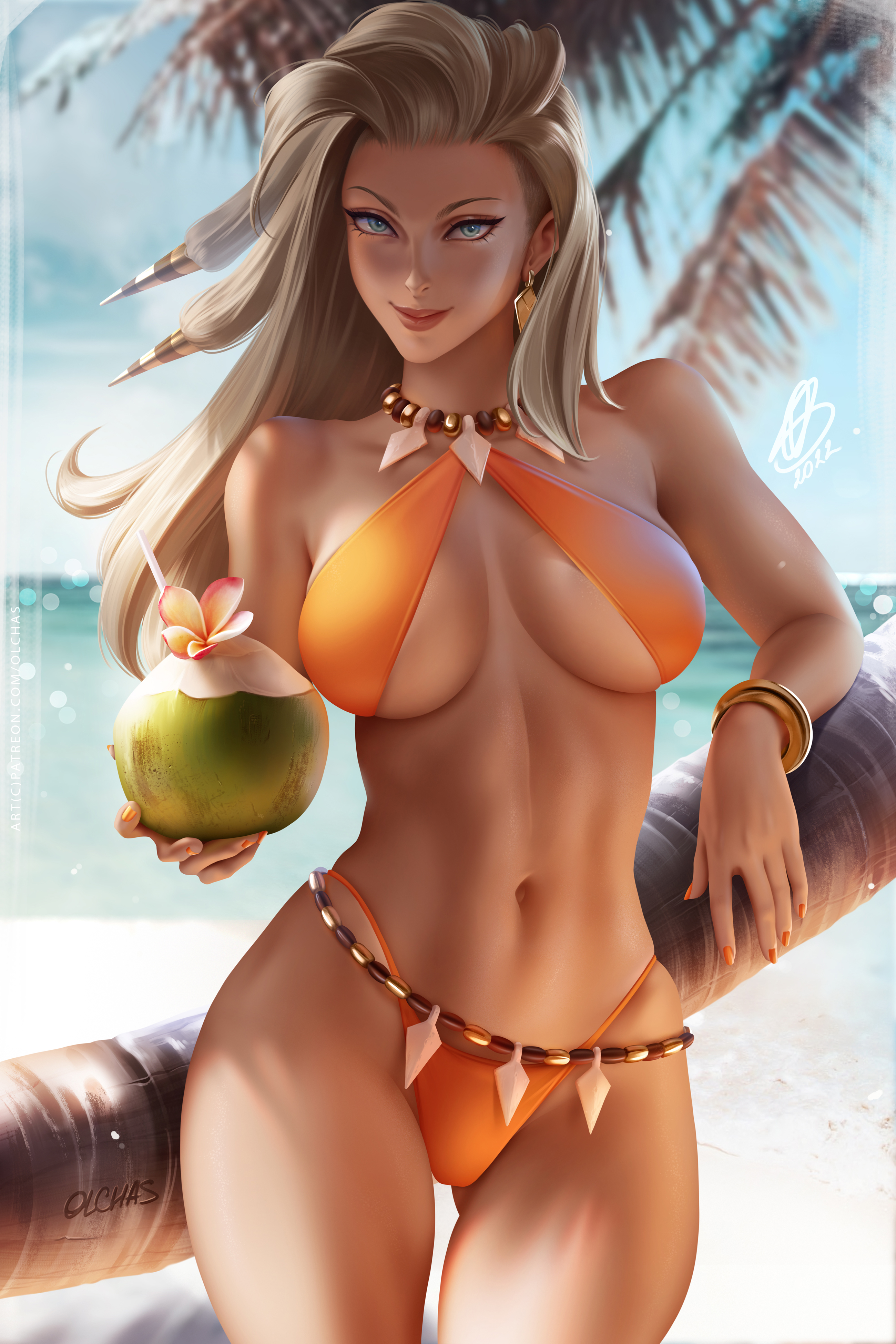 absurd res, asymmetrical hair, beach, bikini, blue eyes, breasts, cleavage, drink, female, female only, game freak, hips, holding object, large breasts, long hair, looking at viewer, naughty face, nintendo, olchas, orange bikini, outdoors, outside, pokemon, pokemon professor, pokemon sv, professor sada (pokemon), slim waist, smile, solo, suggestive look, summer, thick thighs, thighs, thong, thong bikini, underboob, wide hips