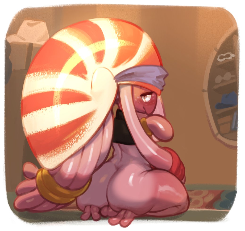 anthro ass balls blush bottomless clothed clothing genitals gnarly_eddy_(splatoon) hibiscus4795638 hibiscusemote looking_back male male_only moba_(artist) nintendo pink_body shell solo splatoon tentacle