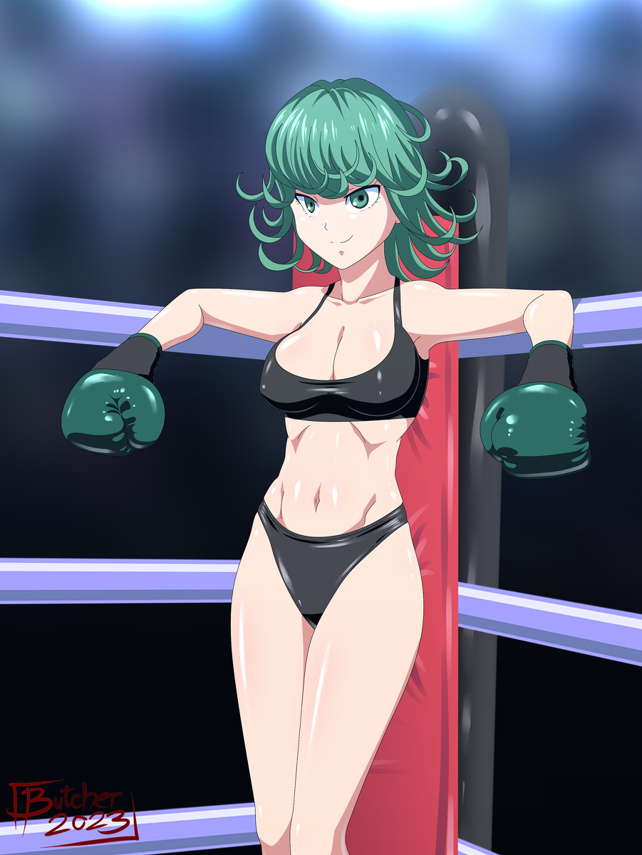 1girls 2023 alternate_version_available boxing boxing_gloves boxing_ring butcherstudios female female_only gloves green_eyes green_hair light-skinned_female light_skin one-punch_man solo tatsumaki