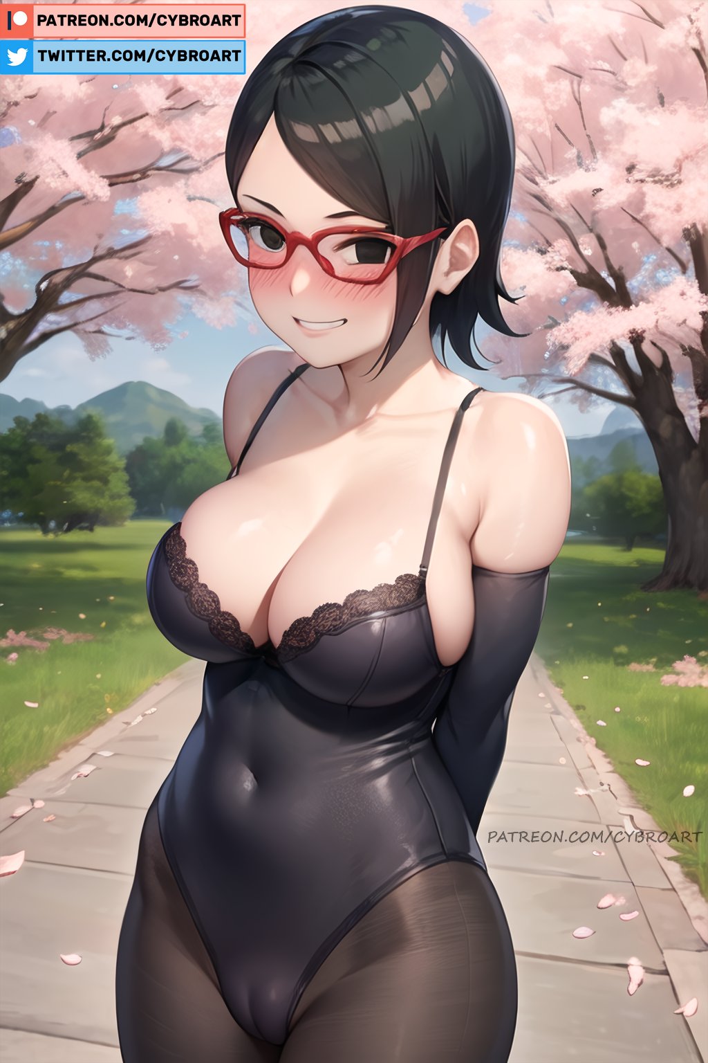 1girls, aged up, ai generated, alternate breast size, arms behind back, big breasts, black eyes, black hair, blush, boruto: naruto next generations, breasts, busty, cameltoe, cherry blossoms, cleavage, cybroart, female, glasses, grin, legs together, leotard, looking at viewer, megane, nai diffusion, naruto, naruto (series), outdoors, pantyhose, petite, pinup, pussy, revealing clothes, sarada uchiha, small but busty, smile, stable diffusion, teenage female, teenager, voluptuous