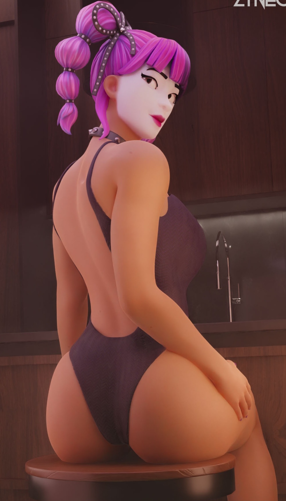 arm_warmers big_ass breasts choker festival_lace_(fortnite) fortnite lace_(fortnite) looking_back looking_up one-piece_swimsuit pigtails sitting_on_chair swimsuit tagme white_facepaint