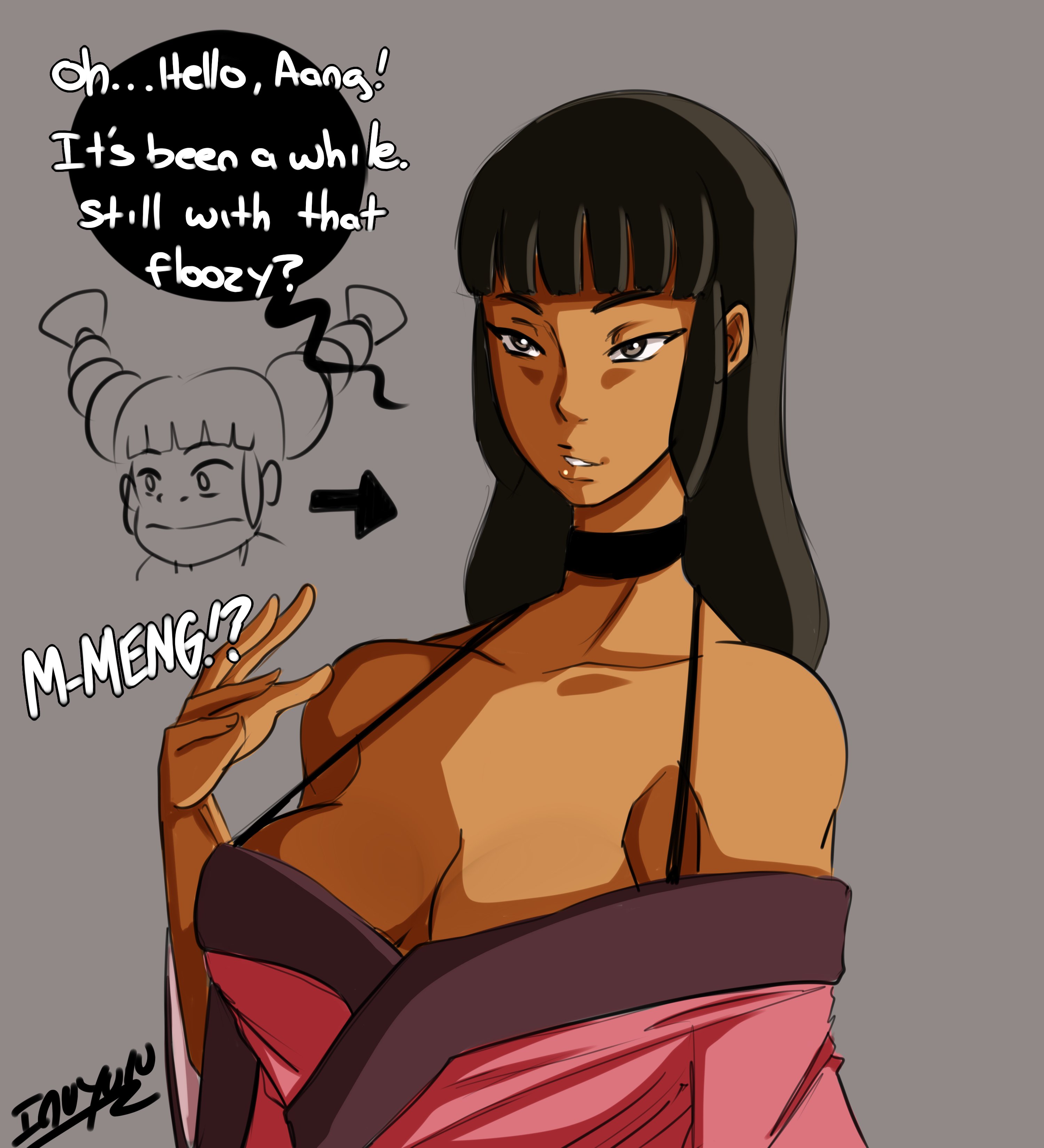 1girls, aang, aged up, avatar legends, avatar the last airbender, big breasts, breasts, dark skin, dark-skinned female, earth kingdom, english text, female, female focus, female only, inuyuru, male, meng, offscreen character, offscreen male, speech bubble, text, the avatar