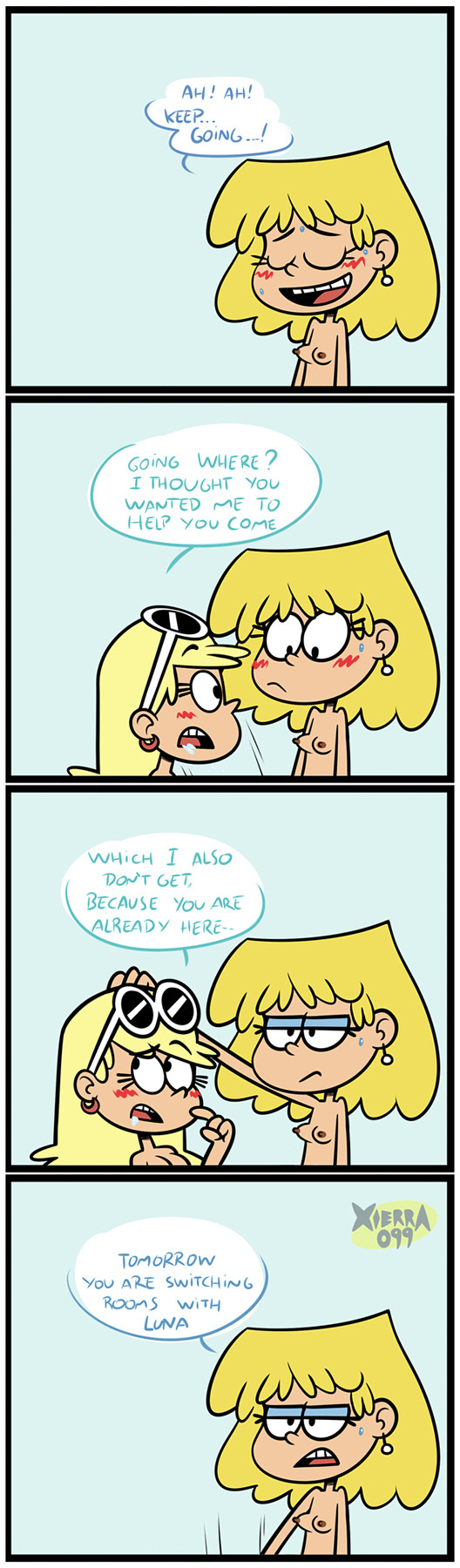 2girls accurate_art_style annoyed blonde_hair breasts comic dialogue earrings female frustrated incest interrupted leni_loud licking_pussy lori_loud multiple_girls naked naked_female nipples nude nude_female offscreen_sex sisters sunglasses sunglasses_on_head taboo the_loud_house xierra099 yuri