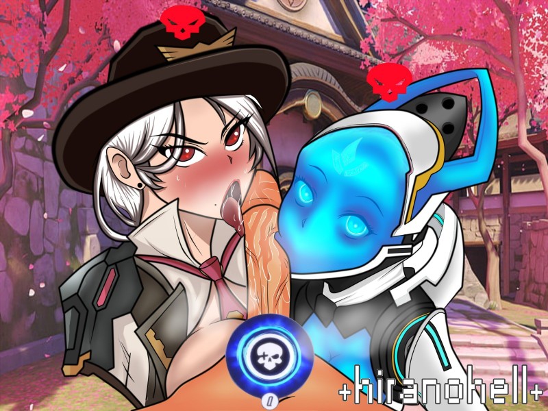 1boy 2girls ashe_(overwatch) cole_cassidy collaborative_fellatio double_fellatio echo_(overwatch) fellatio female female_focus male multiple_girls overwatch overwatch_2 penis tagme teamwork