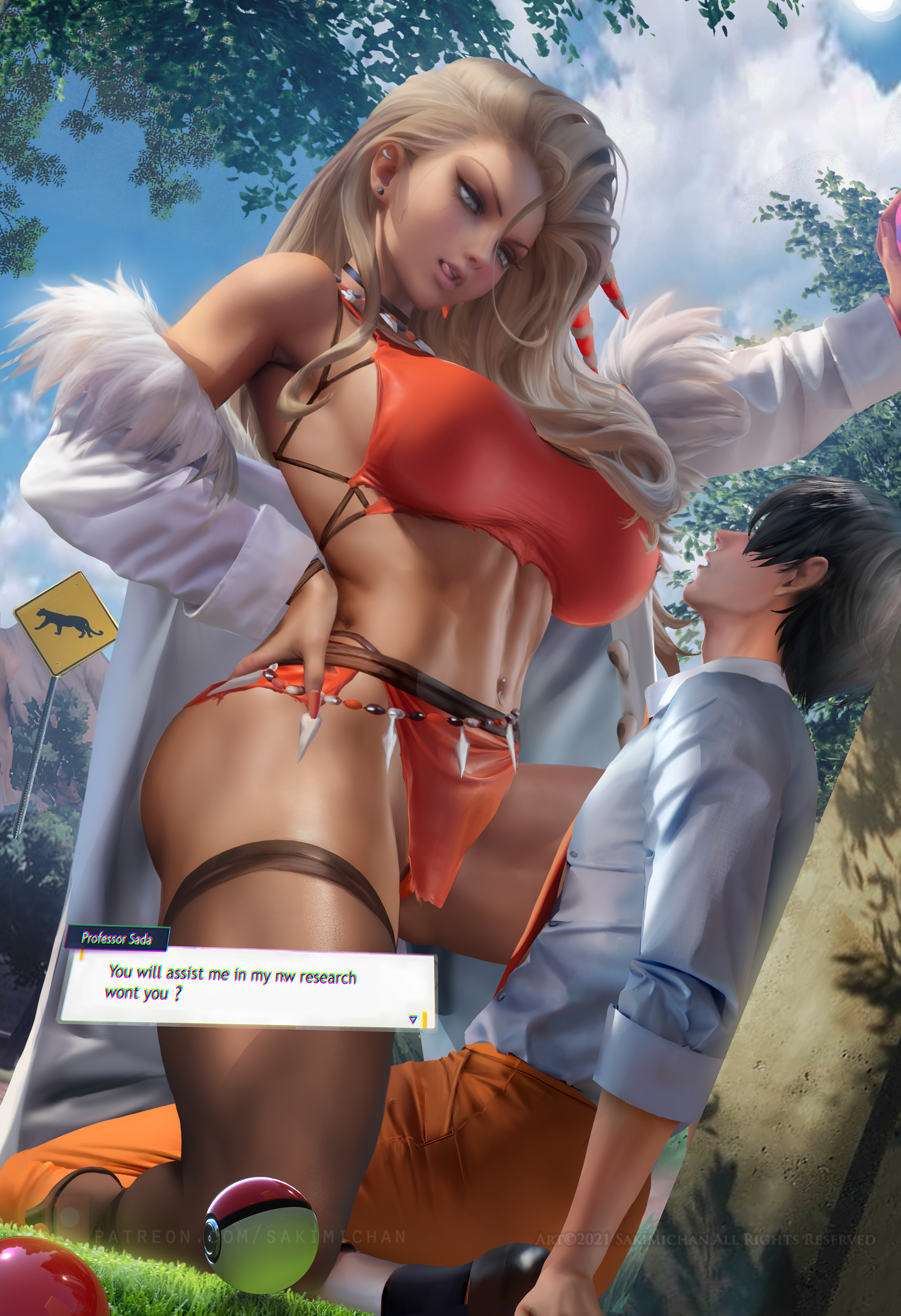 1boy, 1girls, age difference, big breasts, breasts, dark skin, dark-skinned female, dommy mommy, ear piercing, female, femdom, fit, fit female, flirting, florian (pokemon), game freak, hand on hip, huge breasts, imminent sex, kabedon, labcoat, licking, long hair, low-angle view, male, mature, midriff, nintendo, older female, outdoors, piercing, pokemon, pokemon sv, pokemon sv student, professor sada (pokemon), sakimichan, size difference, stockings, straight, teasing, text box, thick thighs, thighhighs, torn clothes, white eyes