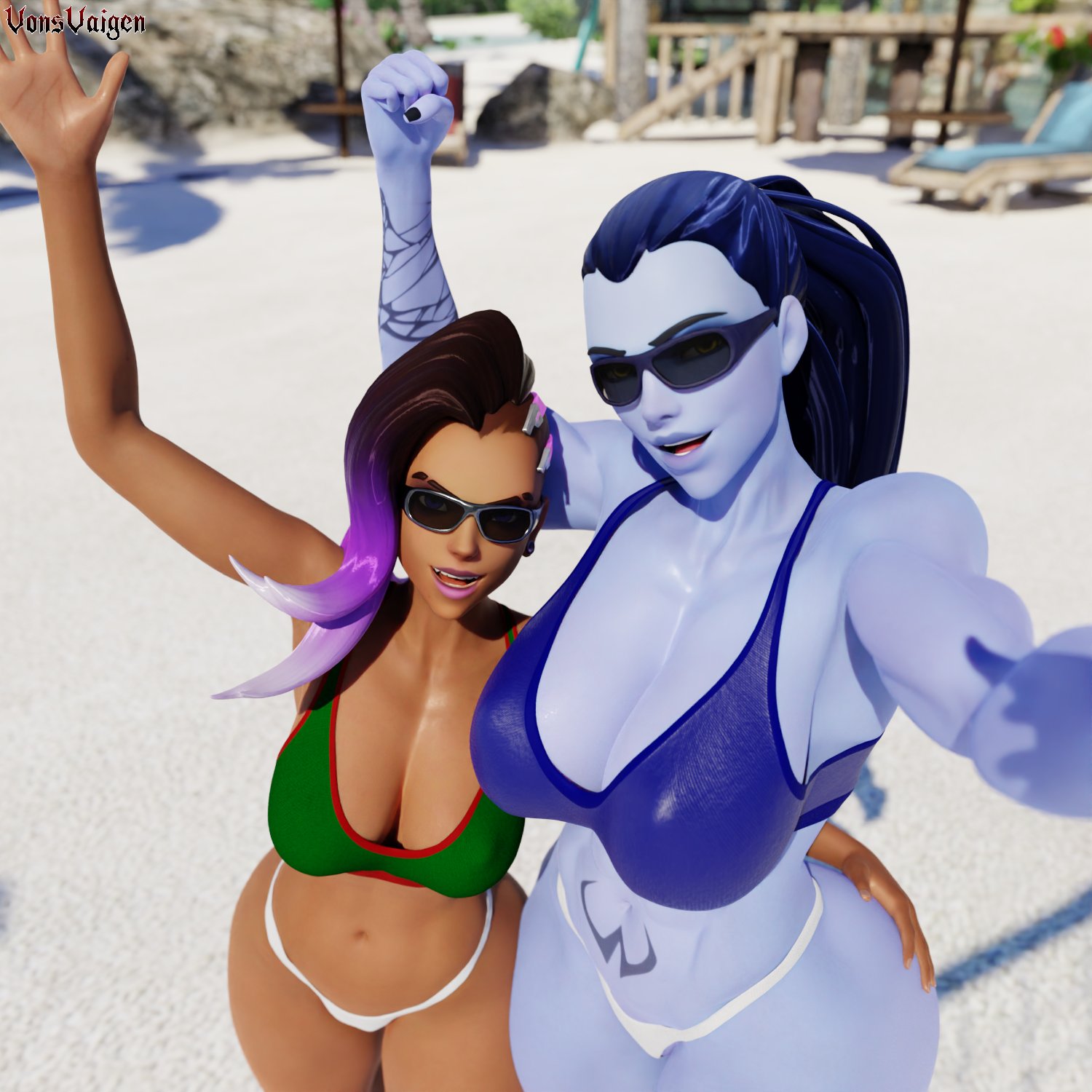 2girls, 3d, abs, amelie lacroix, ass, asymmetrical hair, beach, big ass, big breasts, bikini, black hair, blizzard entertainment, breasts, dark skin, dark-skinned female, female, female only, fit, fit female, hand on ass, latina, looking at viewer, muscular, muscular female, olivia colomar, overwatch, overwatch 2, purple hair, purple skin, selfie, skimpy bikini, sombra, swimsuit, tattoo, thick thighs, thong, vonsvaigen, wet body, wet skin, wide hips, widowmaker