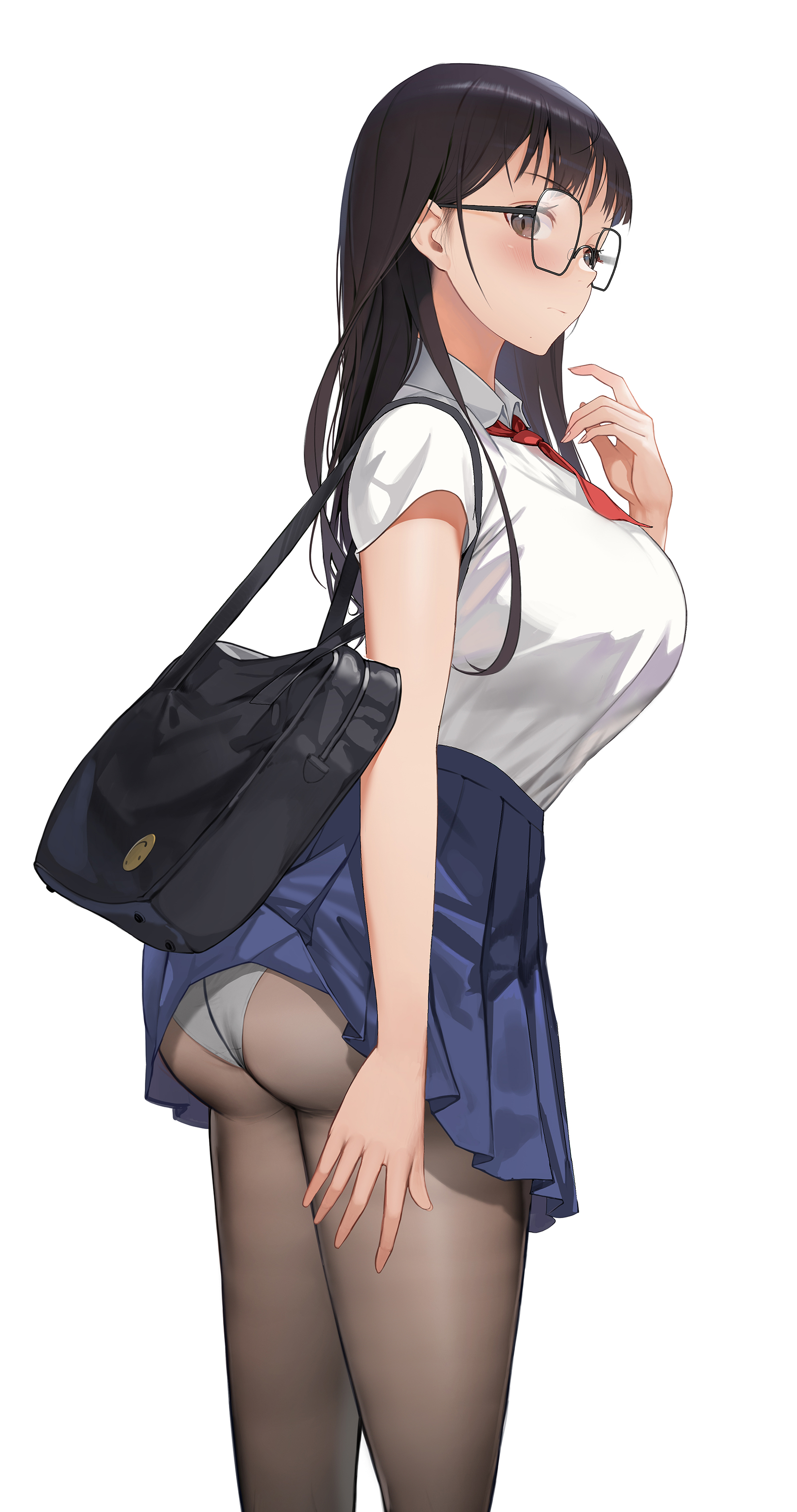 1girls, 2021, absurd res, ass, bag, bare arms, big ass, black hair, blush, breasts, brown eyes, clothed, clothing, female, female only, fully clothed, glasses, highres, large breasts, long hair, looking at viewer, looking back, neckerchief, original, panties, panties under pantyhose, pantyhose, pantyshot, pantyshot (standing), peter pan (adtc7243), pleated skirt, school bag, school uniform, shirt, simple background, skirt, skirt lift, solo, standing, thighs, underwear, uniform, white background