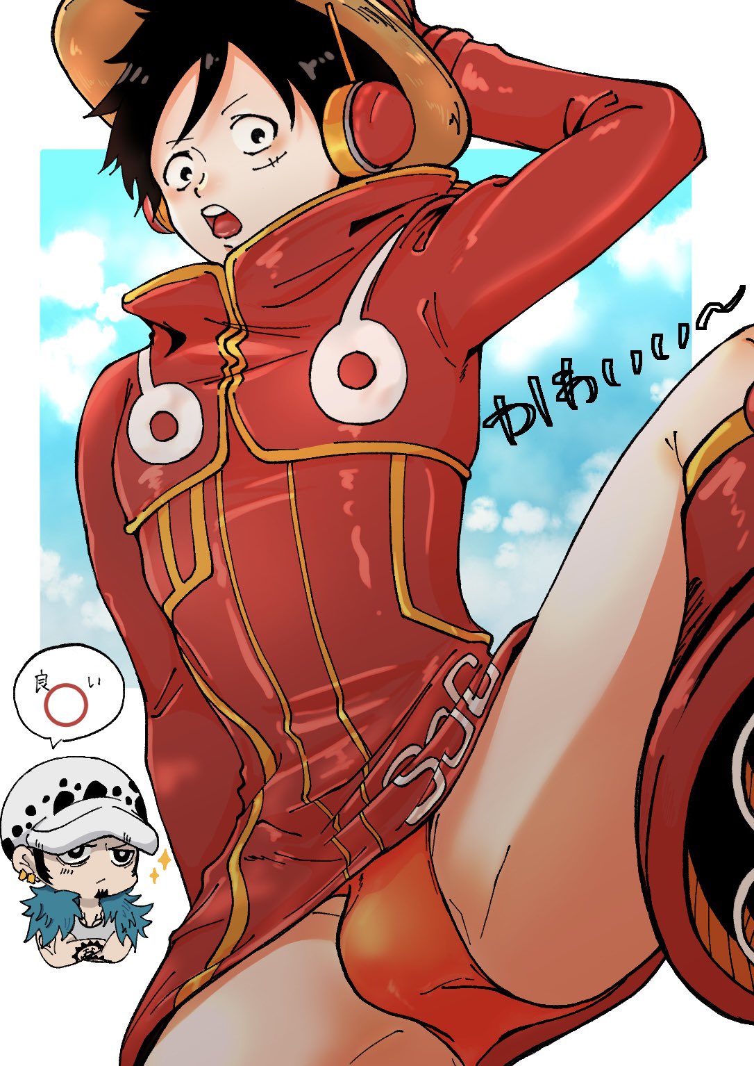 2boys, bulge, chibi, egghead, hat, headphones, jacket, japanese text, male, male only, monkey d luffy, one piece, one piece: egghead arc, solo focus, tagme, trafalgar law, twink, underwear, upskirt