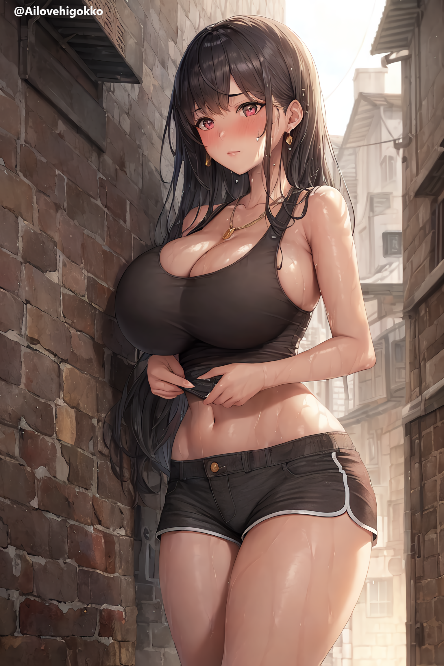 1girls, ai generated, ai love higokko, alley, blush, booty shorts, breasts, dolphin shorts, female, high resolution, hips, holaraai, huge breasts, large breasts, long hair, looking at viewer, massive breasts, original, original character, outdoors, short shorts, shorts, sweat, sweaty body, tank top, thick thighs, thighs, wide hips