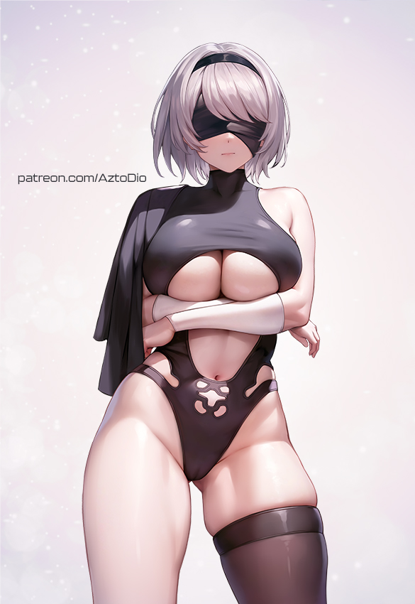 1girls ai_generated alternate_costume android android_girl azto_dio blindfold breasts facing_forward female huge_breasts large_breasts light-skinned_female nier:_automata patreon_username short_hair shoulder_cape thick_thighs white_hair wide_hips yorha_2b