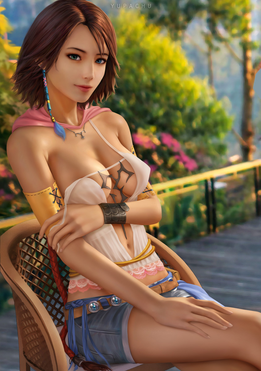 1girls armband bracelet braided_hair brown_hair female fence final_fantasy final_fantasy_x final_fantasy_x-2 garden looking_at_viewer loose_clothes medium_hair neck_lenght_hair necklace open_shirt outdoors pinup single_earring sitting_on_chair solo tree wooden_chair yuna yupachu