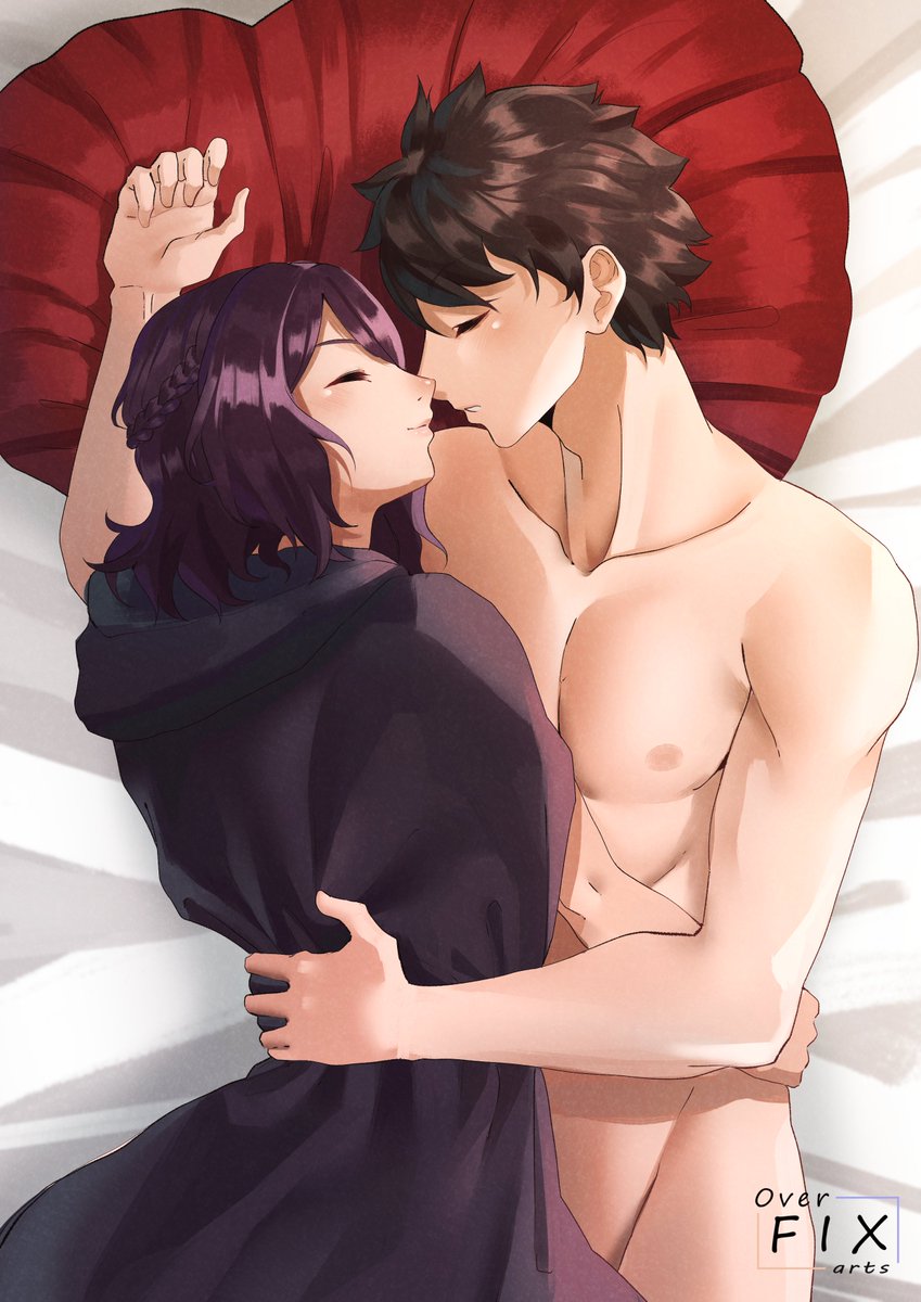 1boy 1girls bed bedroom black_cape black_cloak braid brown_hair cape cloak closed_eyes couple cuddling fault_milestone female french_braid heart_pillow hood hood_down hug hugging lying lying_on_bed naked_cape naked_cloak nipples nude nude_male_clothed_female pillow purple_hair ritona_reighnvhasta sleeping smile smiling straight