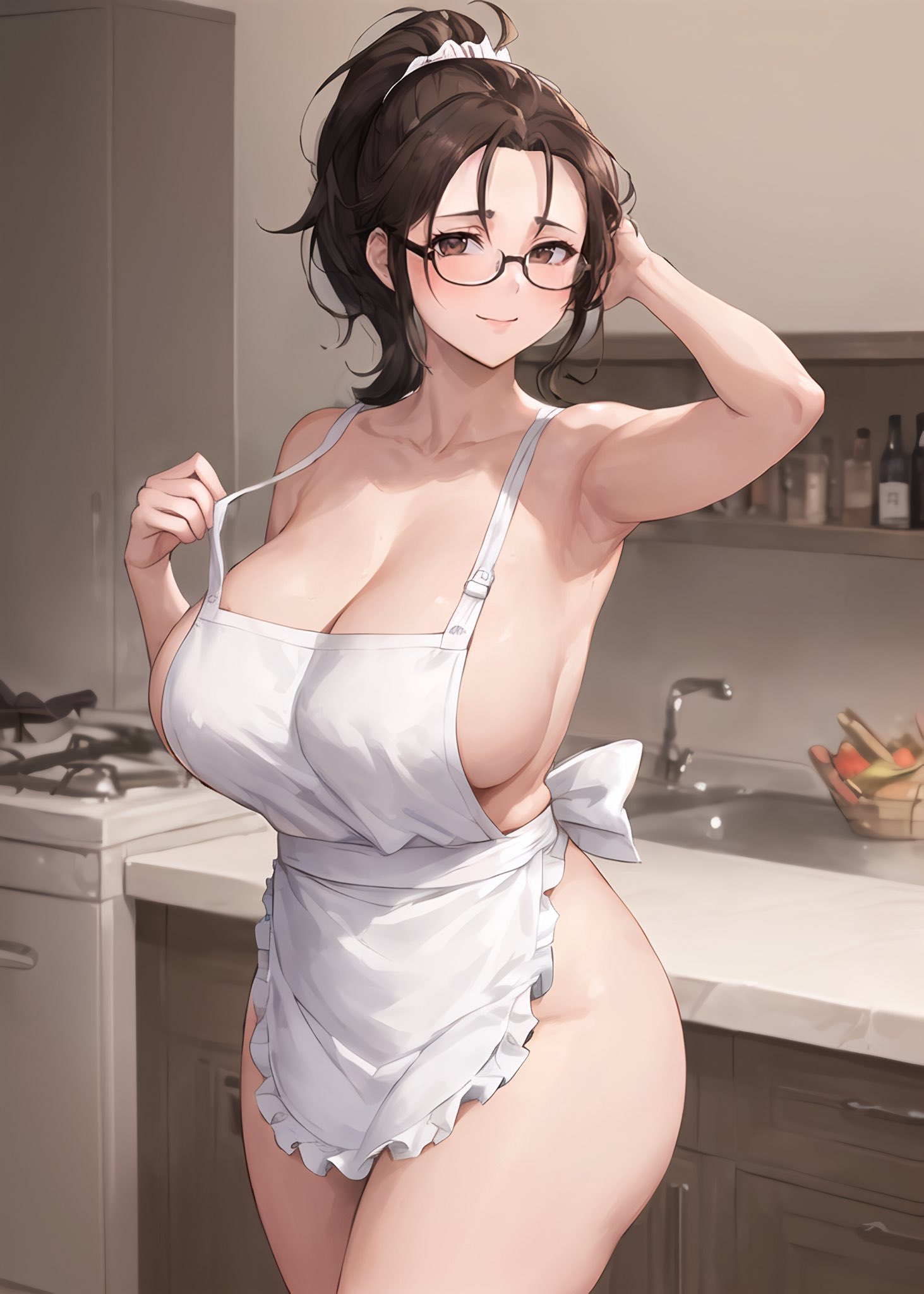 1girls, ai generated, apron, arm up, armpits, breasts, brown hair, cleavage, female, glasses, huge breasts, light skin, light-skinned female, mature female, milf, mommy, naked apron, original, original character, stable diffusion, stuffyai