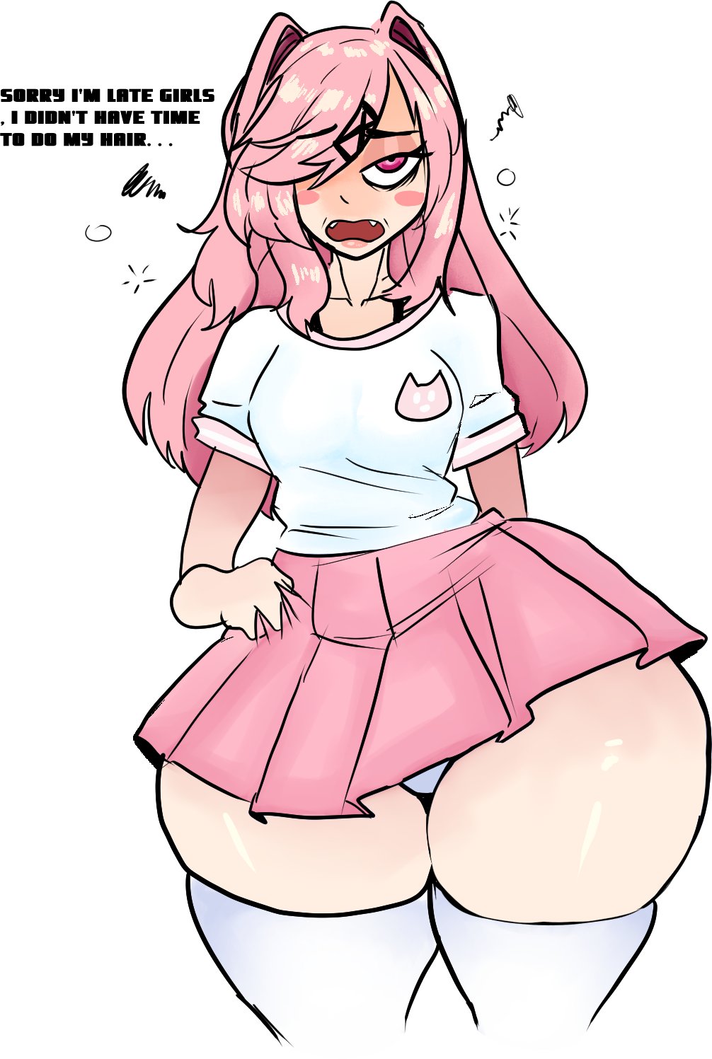 1girls, blush, bottom heavy, cat ears, clothed, clothing, dialogue, doki doki literature club, english, english text, female, female only, lemonadepikachu, long hair, long-haired female, looking at viewer, messy hair, natsuki (doki doki literature club), open mouth, panties, pink eyes, pink hair, pink skirt, pink-haired female, shortstack, simple background, skirt, solo, solo female, standing, text, thick thighs, thighhighs, white background, wide hips