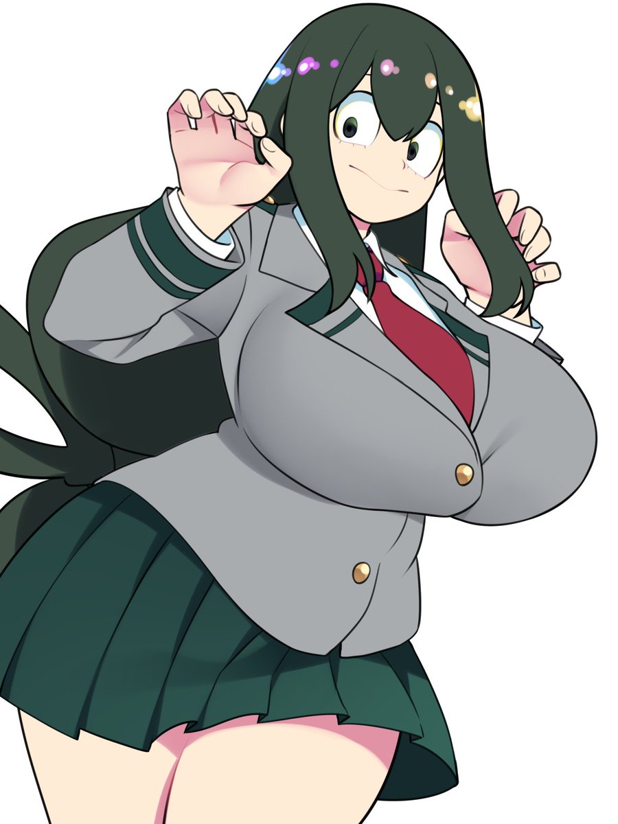 1girls, alternate version available, bellupup, big breasts, bottomwear, breasts, clothing, female, female only, green eyes, green hair, green skirt, huge breasts, long hair, my hero academia, school uniform, schoolgirl, skirt, solo, solo female, teenager, thighs, topwear, tsuyu asui, uniform