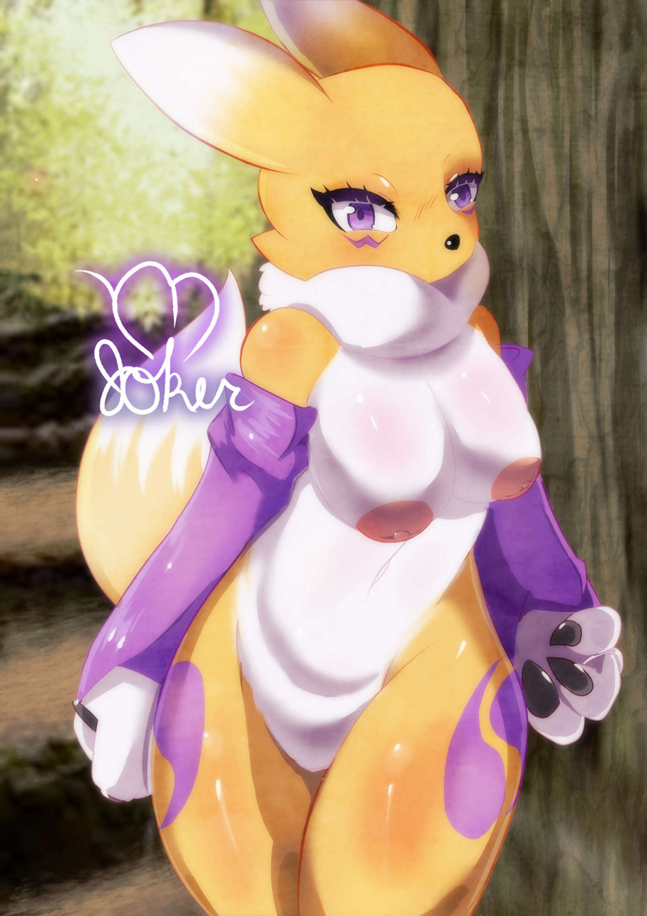 anthro armwear ass bandai_namco big_breasts big_butt black_nails blush bodypaint breasts canid canine clothing colored_nails curvy_figure digimon digimon_(species) female fox fur hi_res hourglass_figure madjoker mammal nails neck_tuft nipples pink_nipples purple_eyes renamon solo tail thick_thighs tuft white_body white_fur wide_hips yellow_body yellow_fur