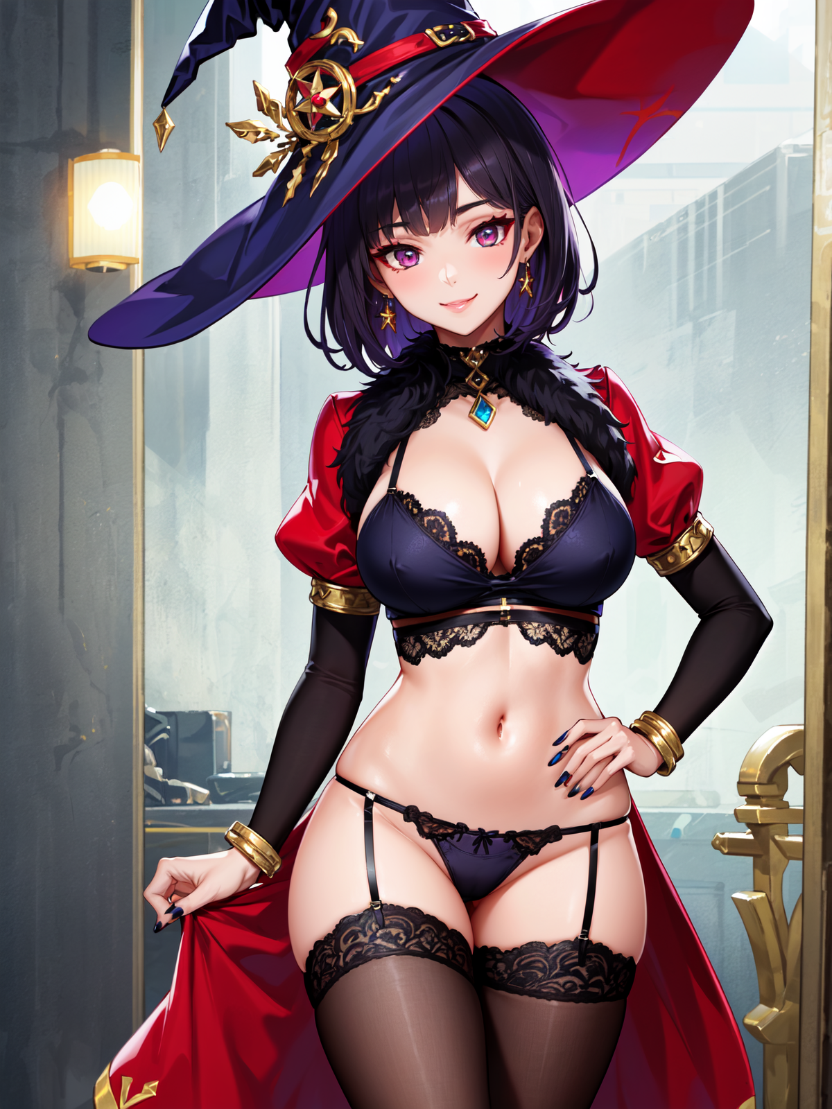 1girls, ai generated, curvaceous, curvy body, curvy figure, female, female focus, female only, genshin impact, hi res, high resolution, legwear, lingerie, long hair, mihoyo, mona (genshin impact), seductive look, stable diffusion, underwear, violet hair, voluptuous, voluptuous female, witch hat