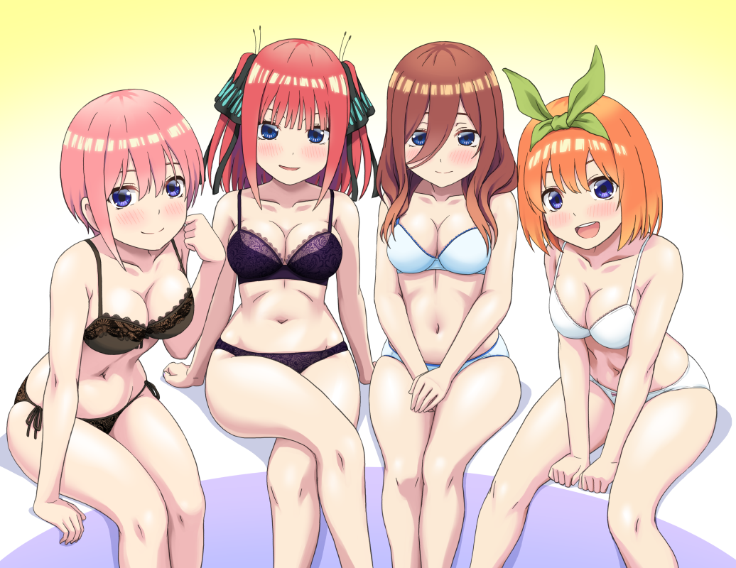 4girls :d bangs between_legs black_bra black_panties black_ribbon blue_bra blue_eyes blue_panties bow bow_panties bra breasts brown_hair butterfly_hair_ornament collarbone commentary commission crossed_legs go-toubun_no_hanayome green_hairband hair_between_eyes hair_ornament hair_ribbon hairband hand_between_legs large_breasts long_hair looking_at_viewer multiple_girls nakano_ichika nakano_miku nakano_nino nakano_yotsuba navel open_mouth orange_hair panties pink_hair purple_bra purple_panties quadruplets ribbon short_hair siblings side-tie_panties simple_background sisters sitting skeb_commission smile two_side_up underwear underwear_only vierosky white_bra white_panties