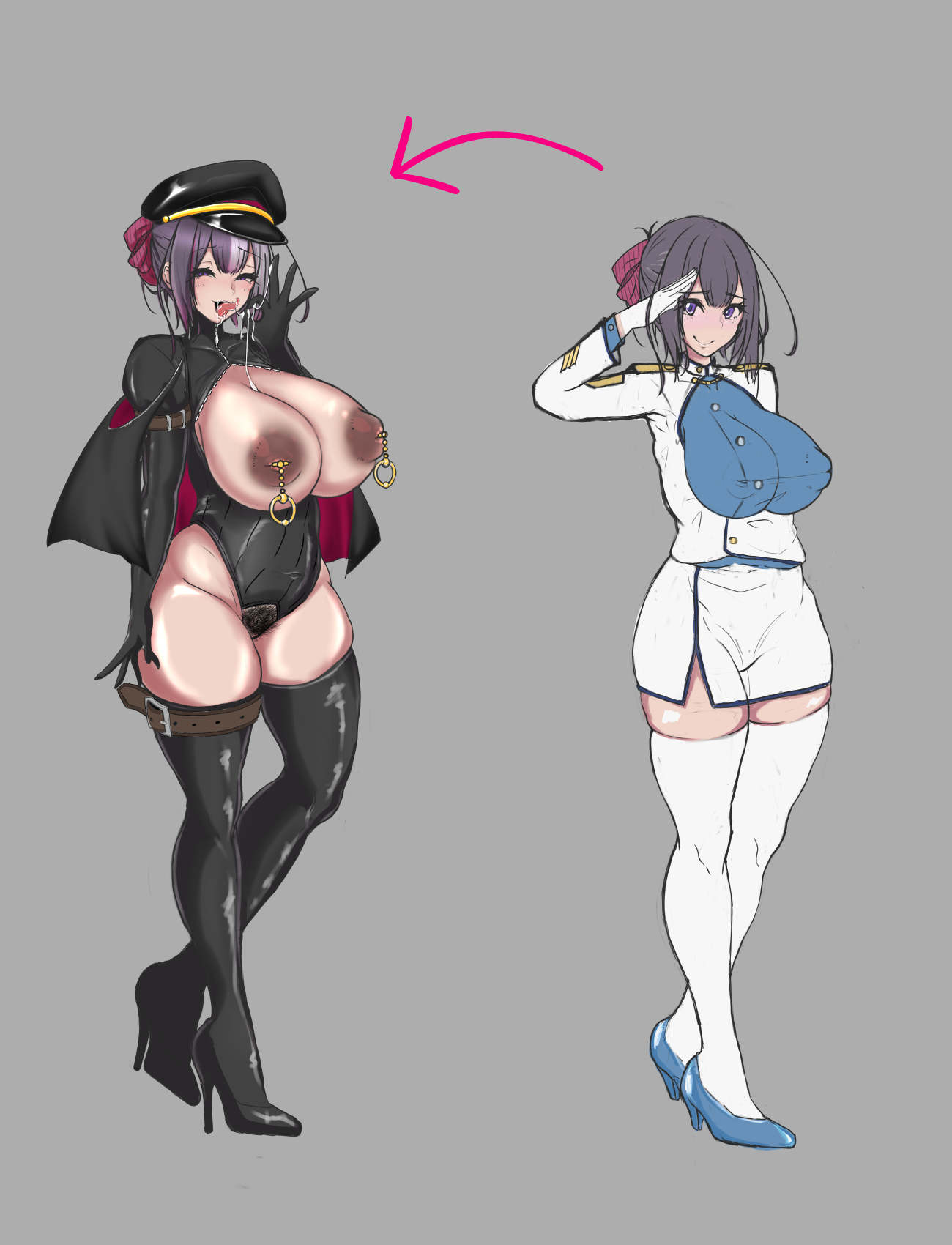 ass, ass expansion, before and after, brainwashing, breast expansion, breast growth, breast growth (enlargement), breasts, corruption, dark persona, female, high heel boots, high heels, huge ass, huge breasts, karasumori, leotard, mind control, nipple piercing, nipples, piercing, revealing clothes, thick thighs, thigh expansion, transformation, wide hips